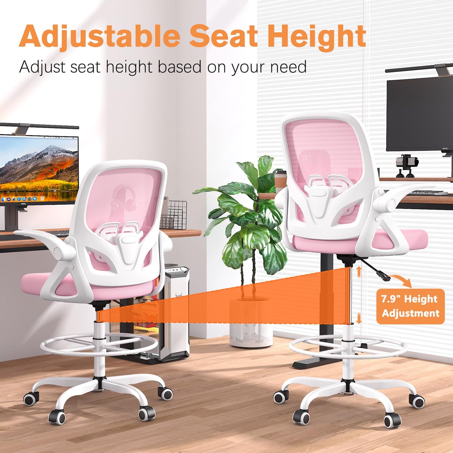 ORRSAKER Drafting Chair, Tall Office Chair with Flip-up Arms, Mesh Ergonomic Computer Standing Desk Chair with Adjustable Height Foot Ring and Lumbar Support, 300 LBS Capacity, Pink