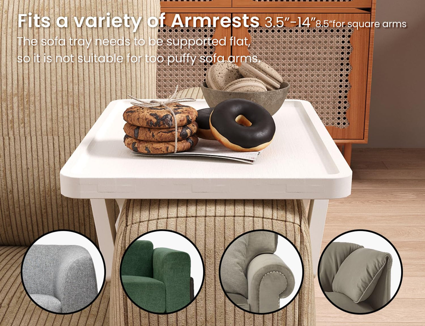 Danfoxer 2 Pack Couch Arm Tray,Bamboo Folding Sofa Tray,Sofa Armrest Trays Clip-On Couch Desk for Drinks,Snacks,Phone,Remote Control（White）