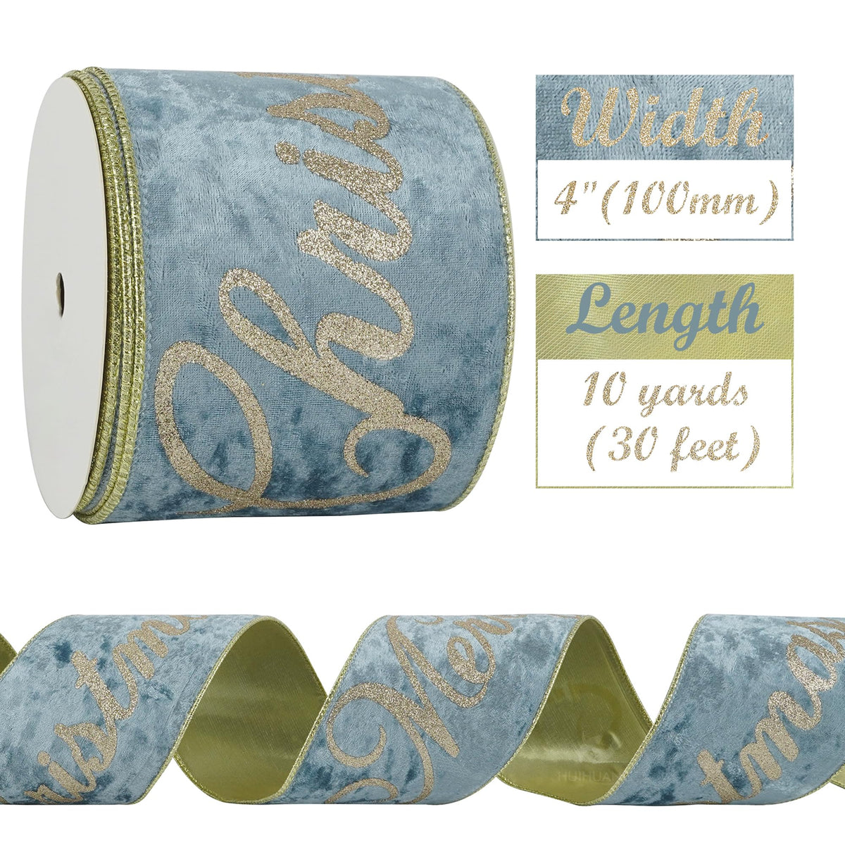 HUIHUANG Merry Christmas Ribbon 4 inch Dusty Blue Velvet Wired Ribbon with Glitter Gold Merry Christmas Ribbon for Christmas Trees, Tree Top Bows, Garlands, Staircases, Wreaths-10 Yards