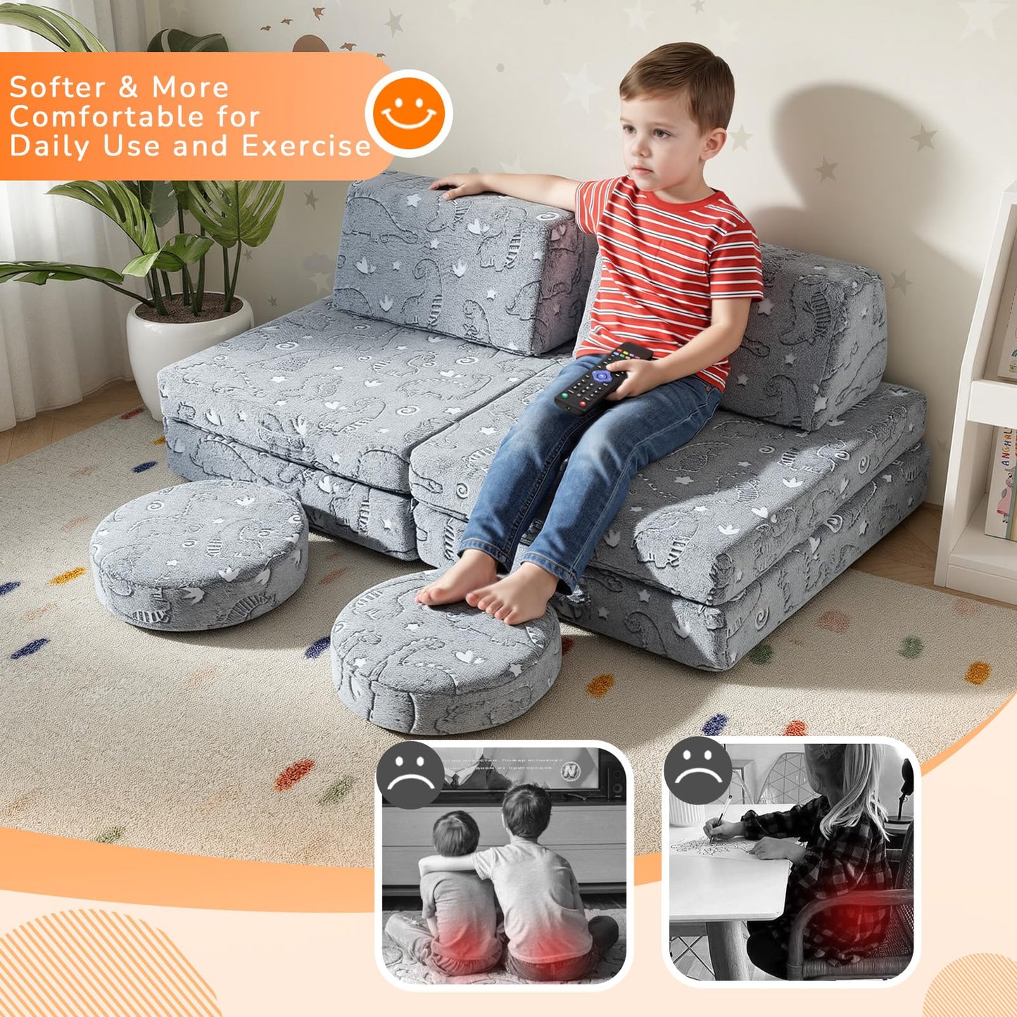 MeMoreCool Kids Couch, Glow in the Dark Dinosaur Foam Play Couch, Ages 3+