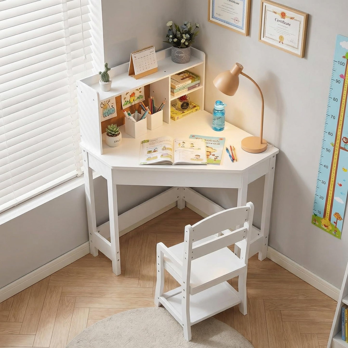 GarveeHome Kids Corner Desk and Chair Set, Children Study Table with Bookshelf, Bulletin Board, and Pen Holder, Writing Table for Boys and Girls, White