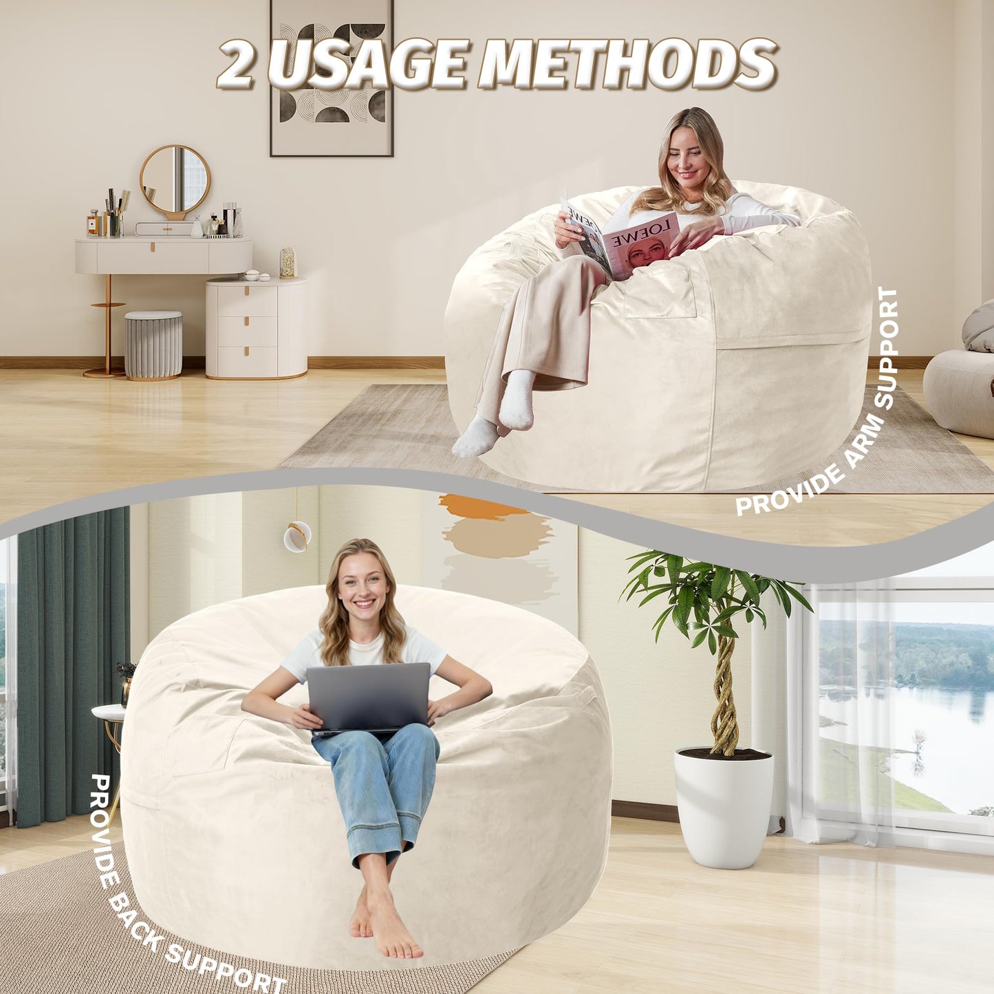 lilanoon 3FT Bean Bag Chair with Ultra Soft Velvet Cover Bean Bag Sofa with Memory Foam Bean Bag Chairs with Large Size Lazy Sofa for Dorm Office Living Room Bedroom Dark Beige 3'