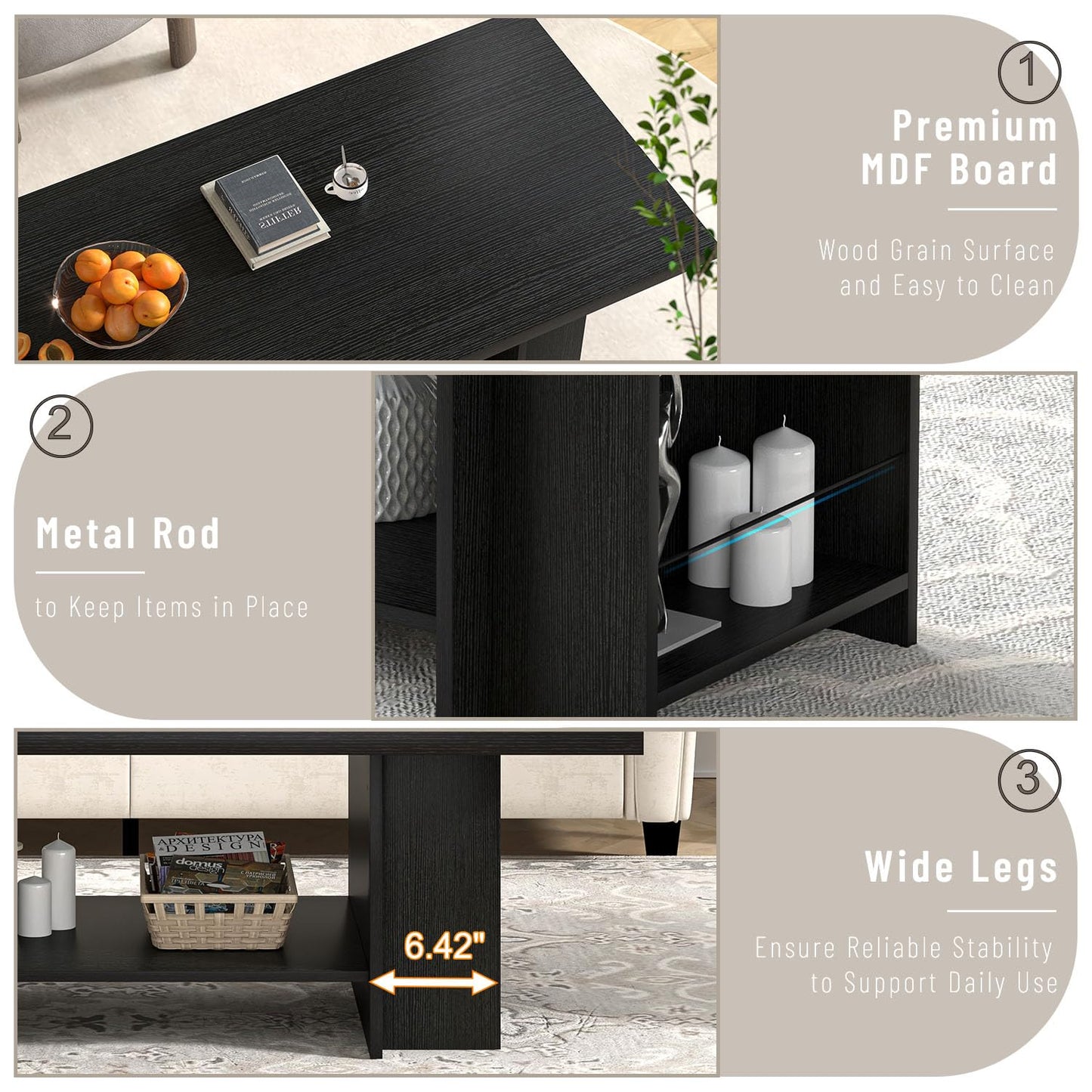 FOLUBAN Black Coffee Table with Storage Bottom Shelf & Side Shelves, Modern 2-Tier Living Room Center Table, Rectangular Wood Cocktail Tea Table for Home Office, 47 Inch