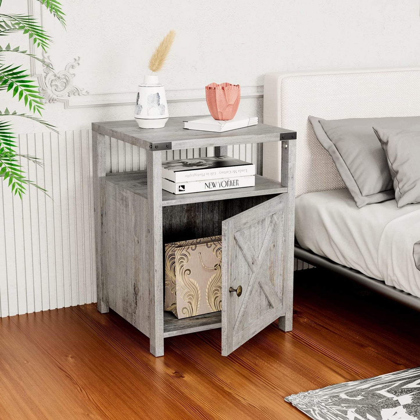HOSEOKA Farmhouse Nightstand Set of 2 with Charging Station, Rustic End Table Bedroom with Storage Living Room Side Table Grayish White Night Stand Industrial Bedside Table