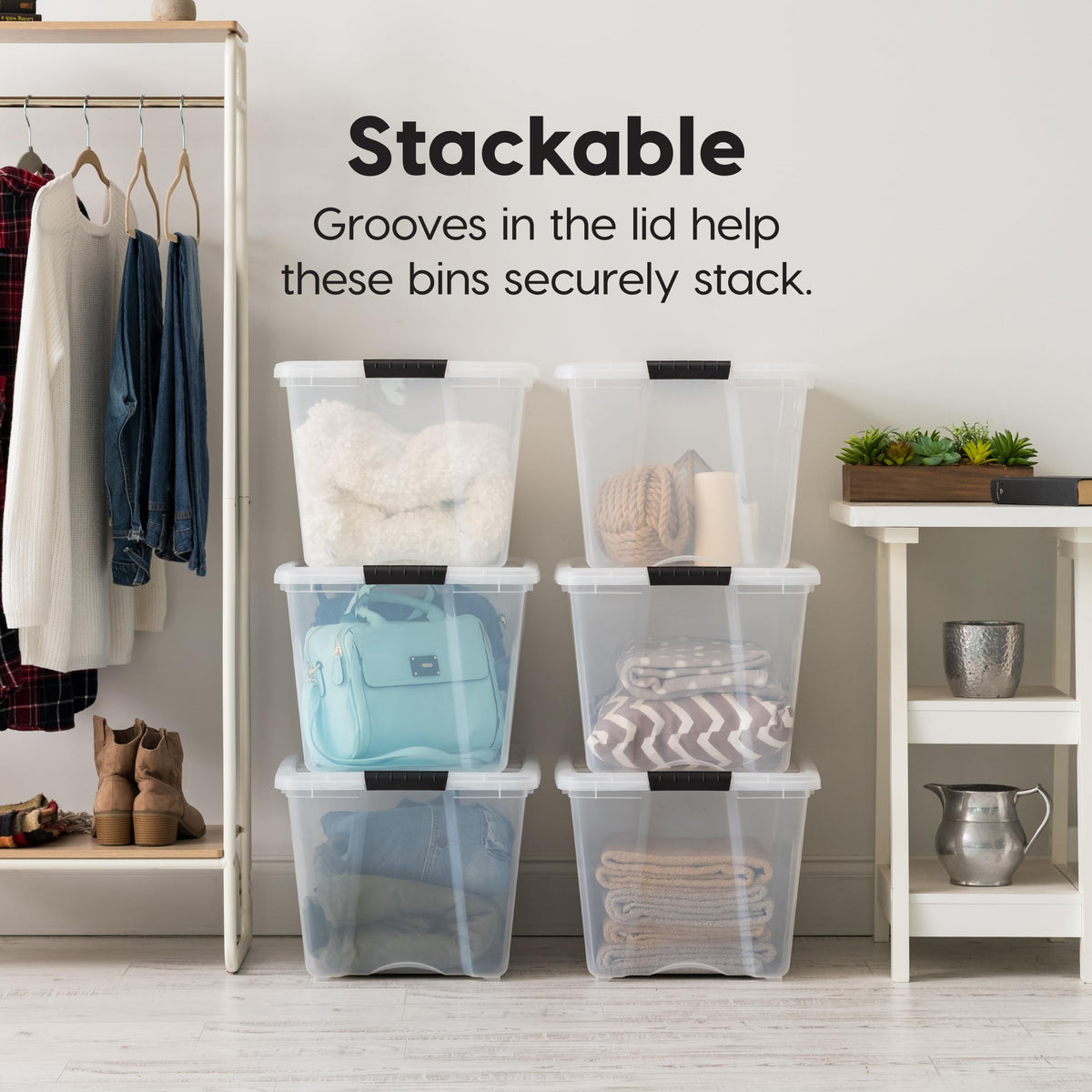 IRIS USA 54 Qt Stackable Plastic Storage Bins with Lids, 6 Pack - BPA-Free, Made in USA - See-Through Organizing Solution, Latches, Durable Nestable Containers, Secure Pull Handle - Clear