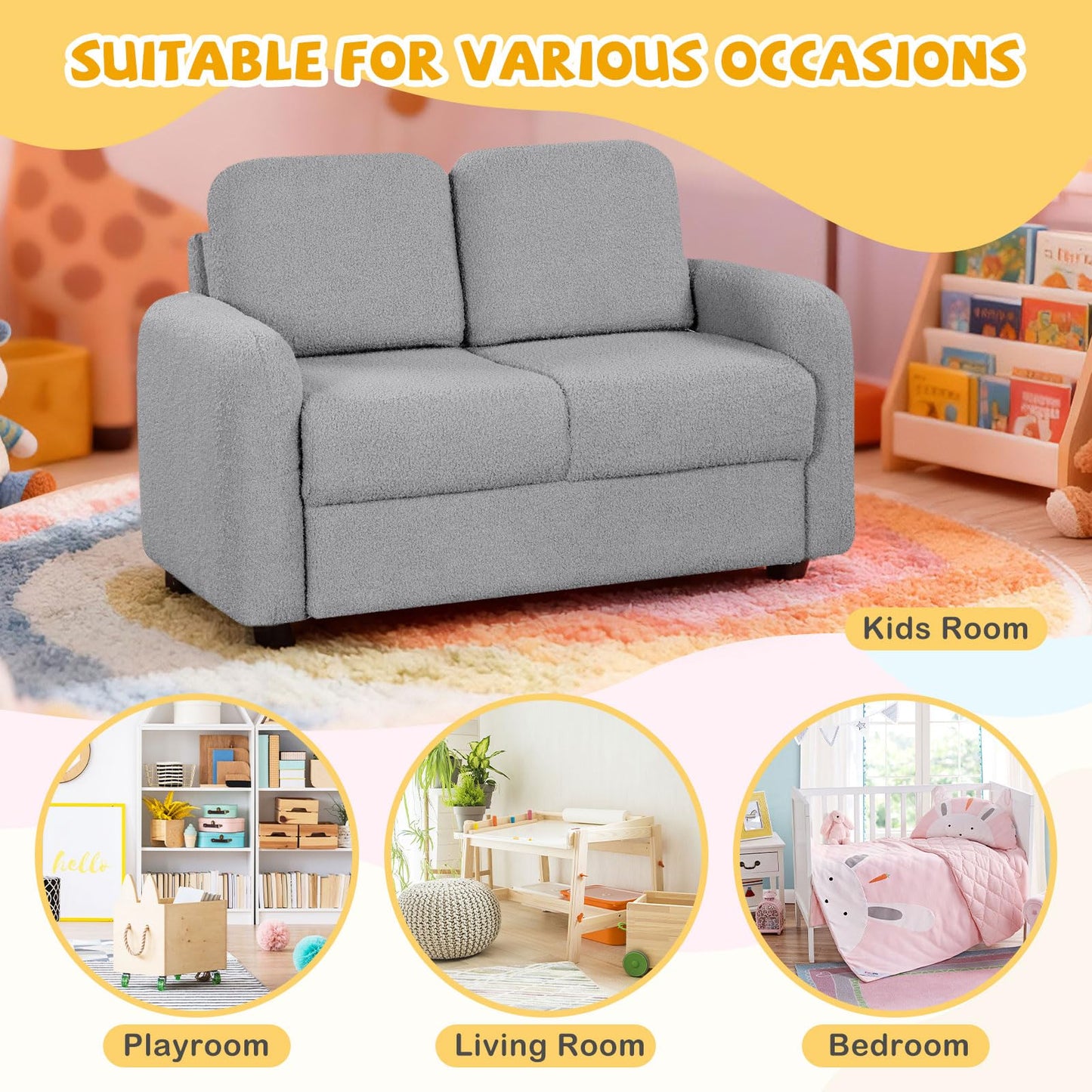Costzon Kids Couch, 2 Seat Toddler Armrest Chair w/Teddy Fleece Upholstery & Solid Wooden Frame, Double Seat Children's Sofa for Preschool, Bedroom, Playroom, Daycare, Ideal Gift for Girls Boys