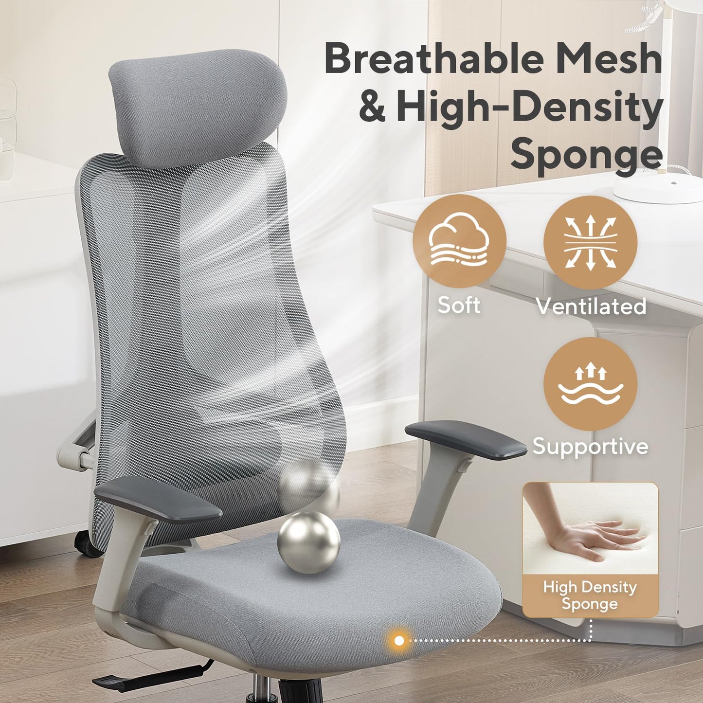 Nouhaus Fluido Ergonomic Office Chair, High Back Mesh Computer Chair w/Height Adjustable Lumbar Support, Backrest & Headrest, Dynamic Back Support, 3D Armrests, Home Office Desk Chairs Comfy (Grey)