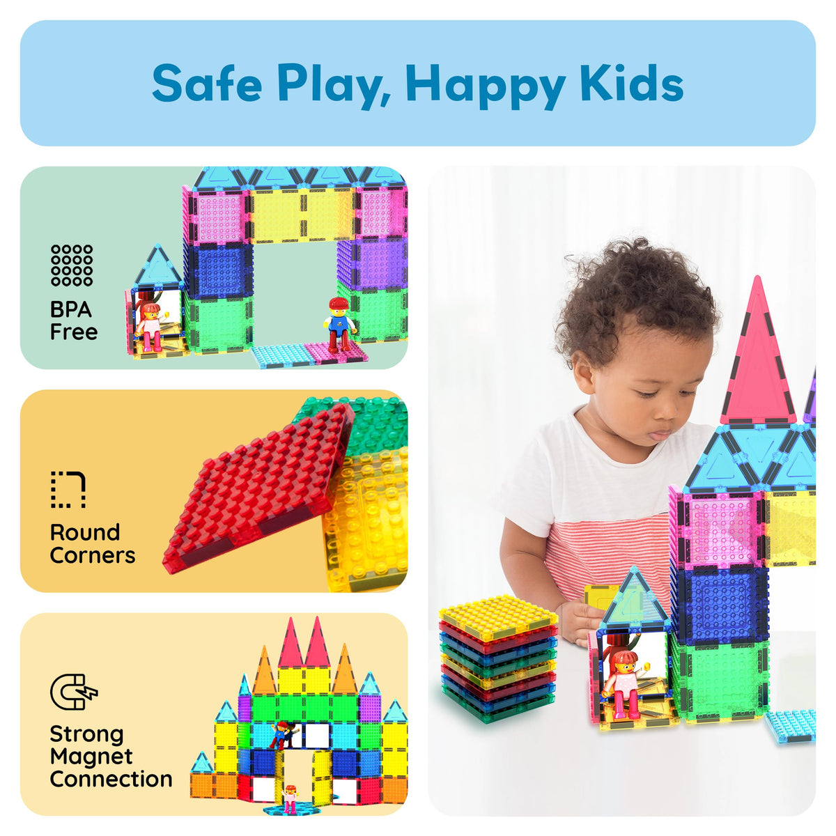 PicassoTiles 63pc Magnetic Tile Building Block Set with 2 Character Figures STEM 3D Construction Educational Toy for Kid Toddlers Boys Girls Age 3 Plus Montessori Learning Playset Creativity Kit PTL63