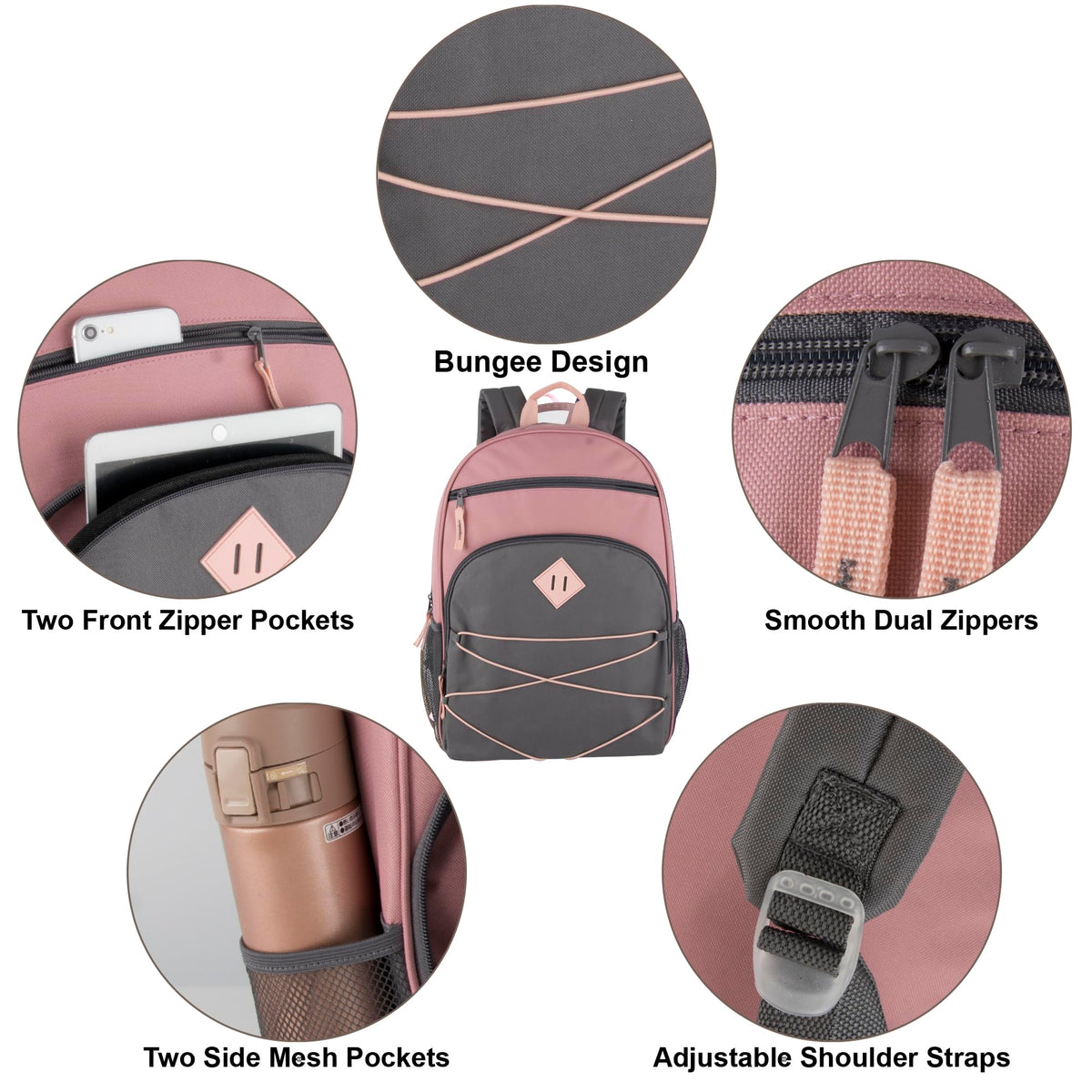 Summit Ridge Boys and Girls School Backpacks with Bungee Cord Front | 17” Multi Pocket Backpack for Kids, Teens, Adults, Travel (Pink/Grey)