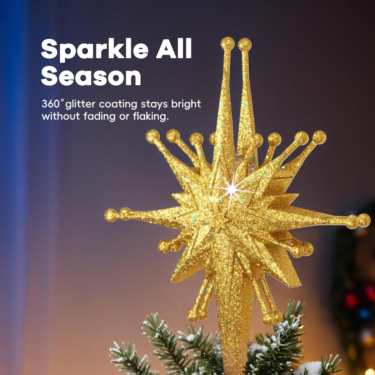 2025 Upgraded Christmas Tree Topper Projector Light with Rotating Bright LED & Wide Coverage, Universal Fit for Any Height Tree, Easy Install, Stable Base, Holiday & Party Decorations (Starlight Gold)