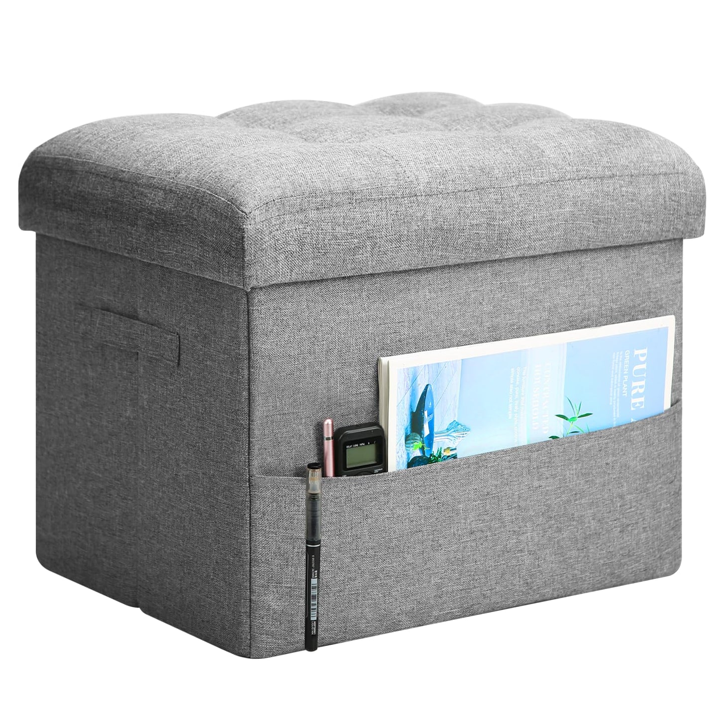 BelugaHelper Storage Ottoman Foot Rest, Folding Linen Foot Stool with Thicker Foam Padded Seat. Small Ottoman with Storage Bench for Bedroom Living Room, Holds Up to 300 lbs, 17x13x13IN (Light Gray)