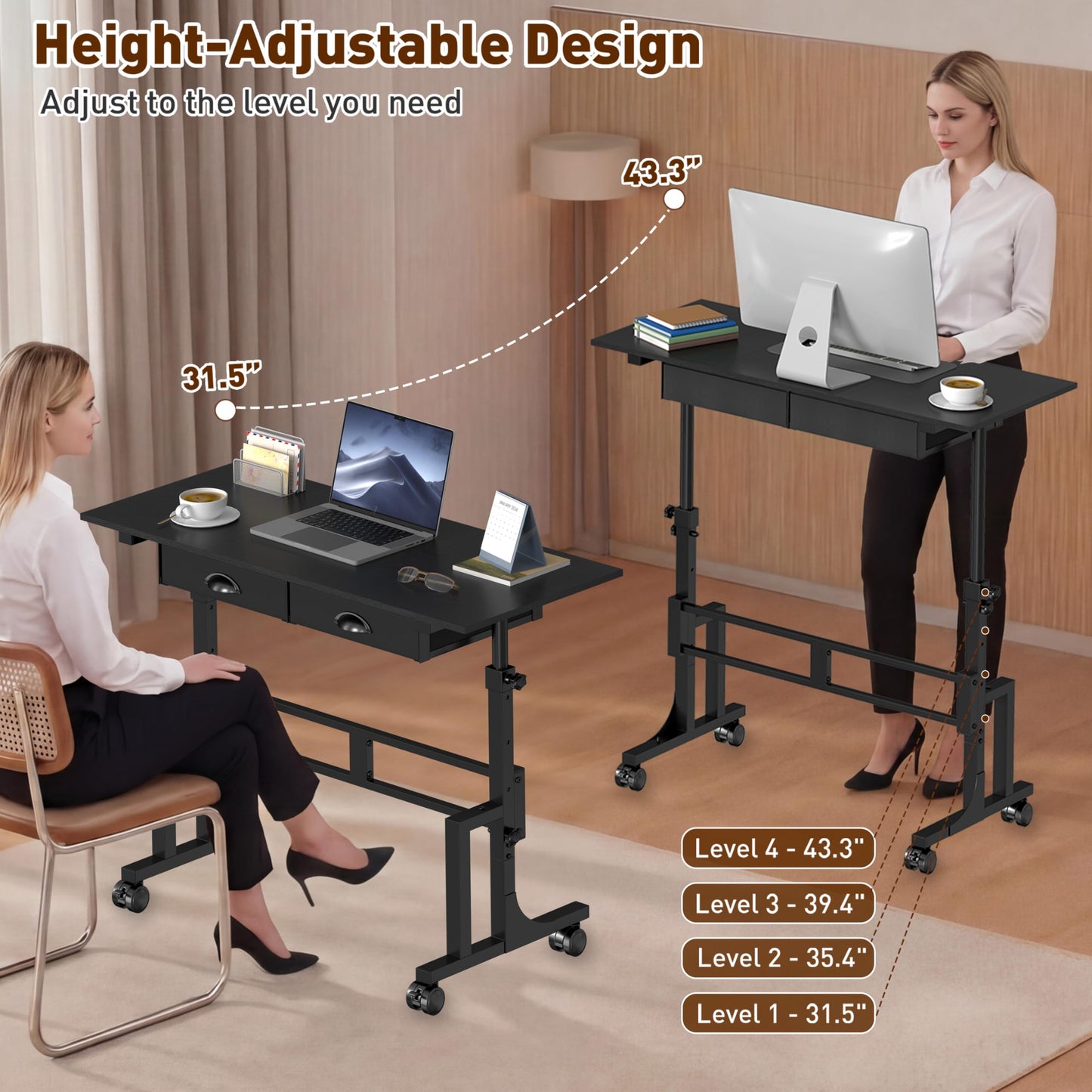 Jsskeeim Adjustable Standing Desk with Drawers, Rolling Sit Stand Desk with Wheels for Walking Pad, Small Mobile Computer Desk for Home Office, Portable Height Adjustable Desk 31.5"-43.3", Black