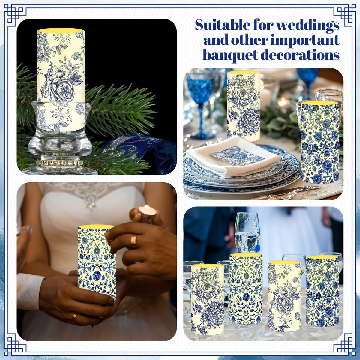 Tiamon 4 Pcs Chinoiserie Flameless Pillar Candles LED Blue and White Porcelain Candles Set Battery Operated Warm Light Flickering Chinoiserie Decor for Wedding Home Table Party Decoration