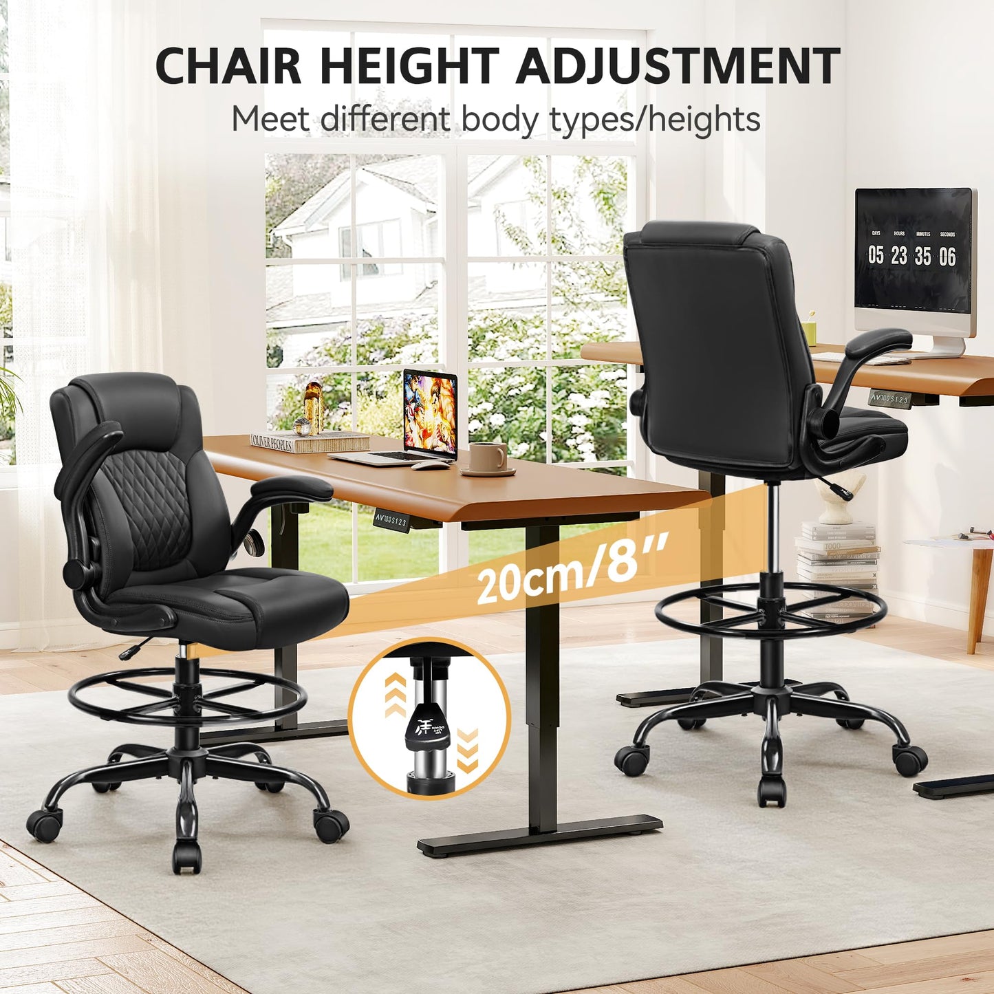 Drafting Chair, Tall Office Chair for Standing Desk, High Executive Leather Ergonomic Computer Chair with Adjustable Height and Flip-Up Armrest for Counter Height Desk, Black, Pack of 1