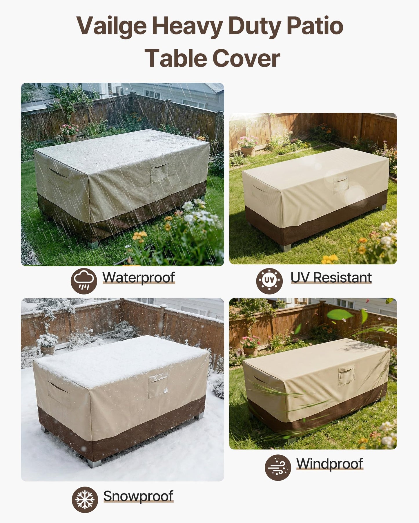 Vailge Rectangular/Oval Patio Table Cover, Heavy Duty and Waterproof Outdoor Lawn Patio Furniture Covers (Beige&brown, 60"Lx38"Wx28"H)