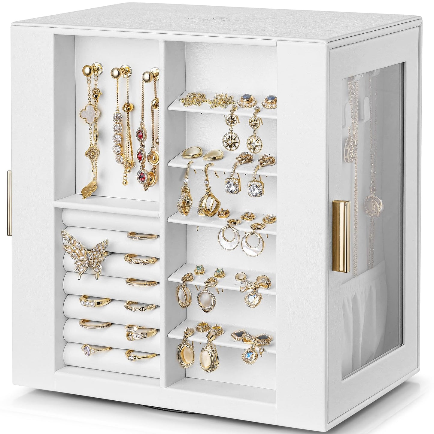 VLANDO 360° Rotating Jewelry Box with 5 Drawers, Large Jewelry Storage with 2 Glass Window, PU Leather Jewelry Organizer for Bracelets, Necklaces, Earrings, Rings - White