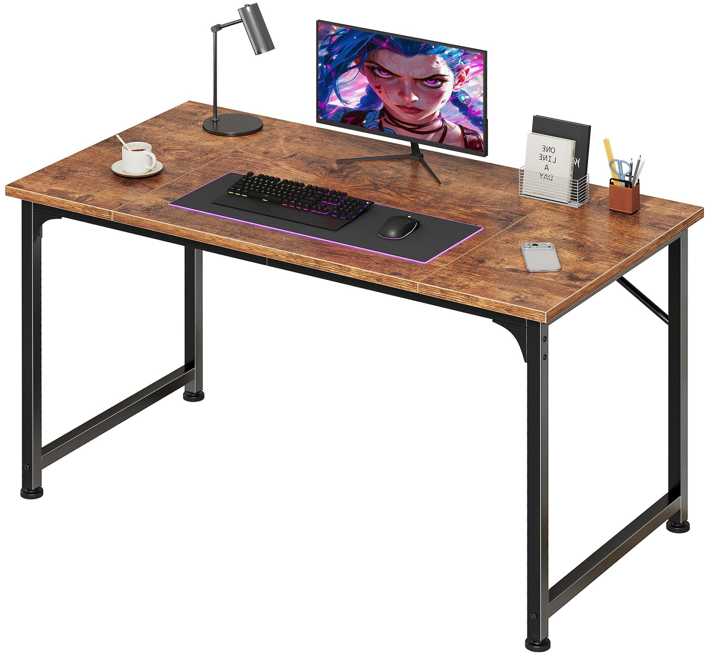 PRAISUN 39.4 Inch Computer Desk, Home Office Desk with Spacious Desktop, Modern Gaming Desk, Writing Study Table for Bedroom, Small Spaces, Work from Home Desk with Metal Frame, Rustic Brown