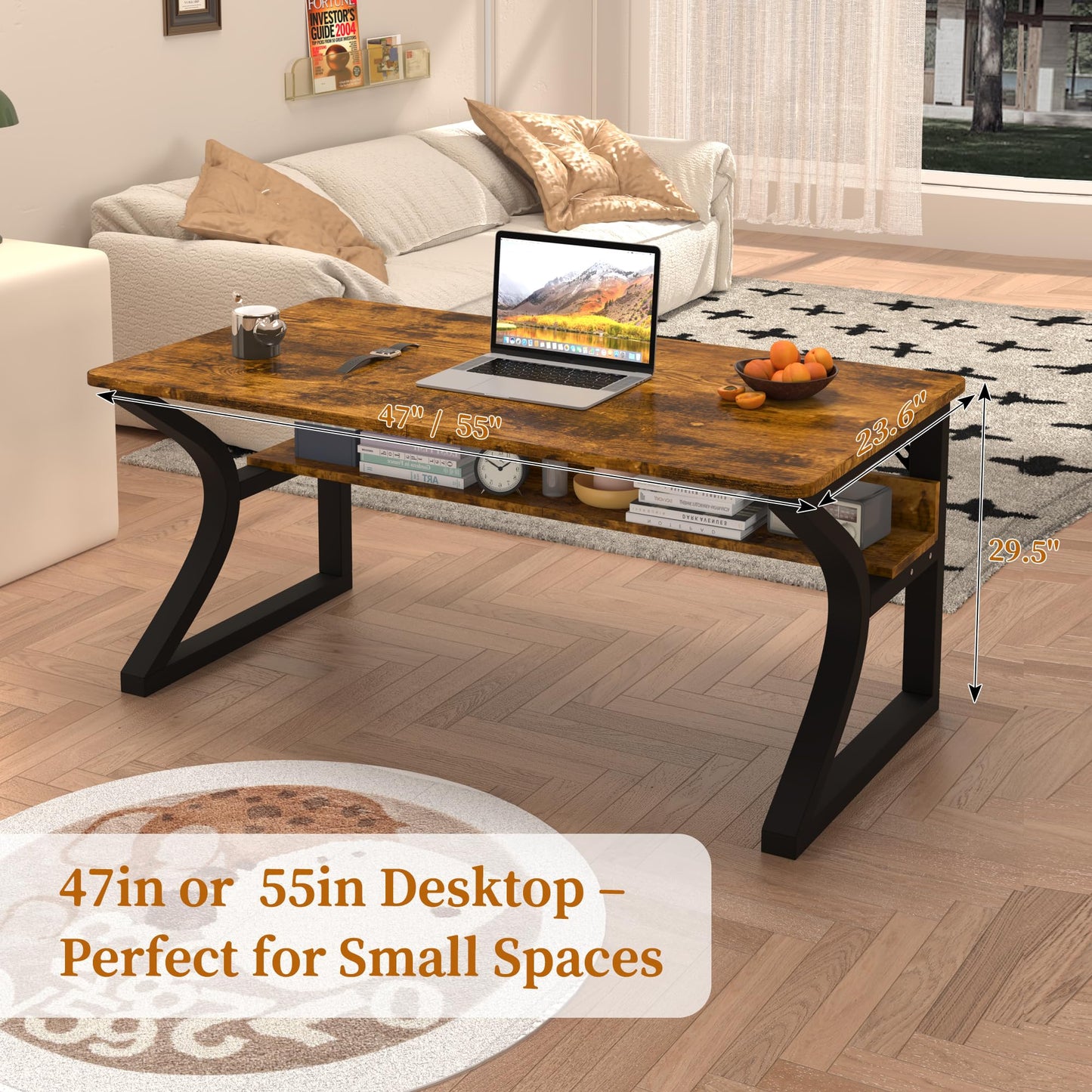 Ksortir 55'' Computer Desk Home Office Desk, Modern Computer Desk w/U Shaped Metal Frame, Storage Shelves, PC Table Study Writing Desk Workstation for Home Office (55inch/Brown)