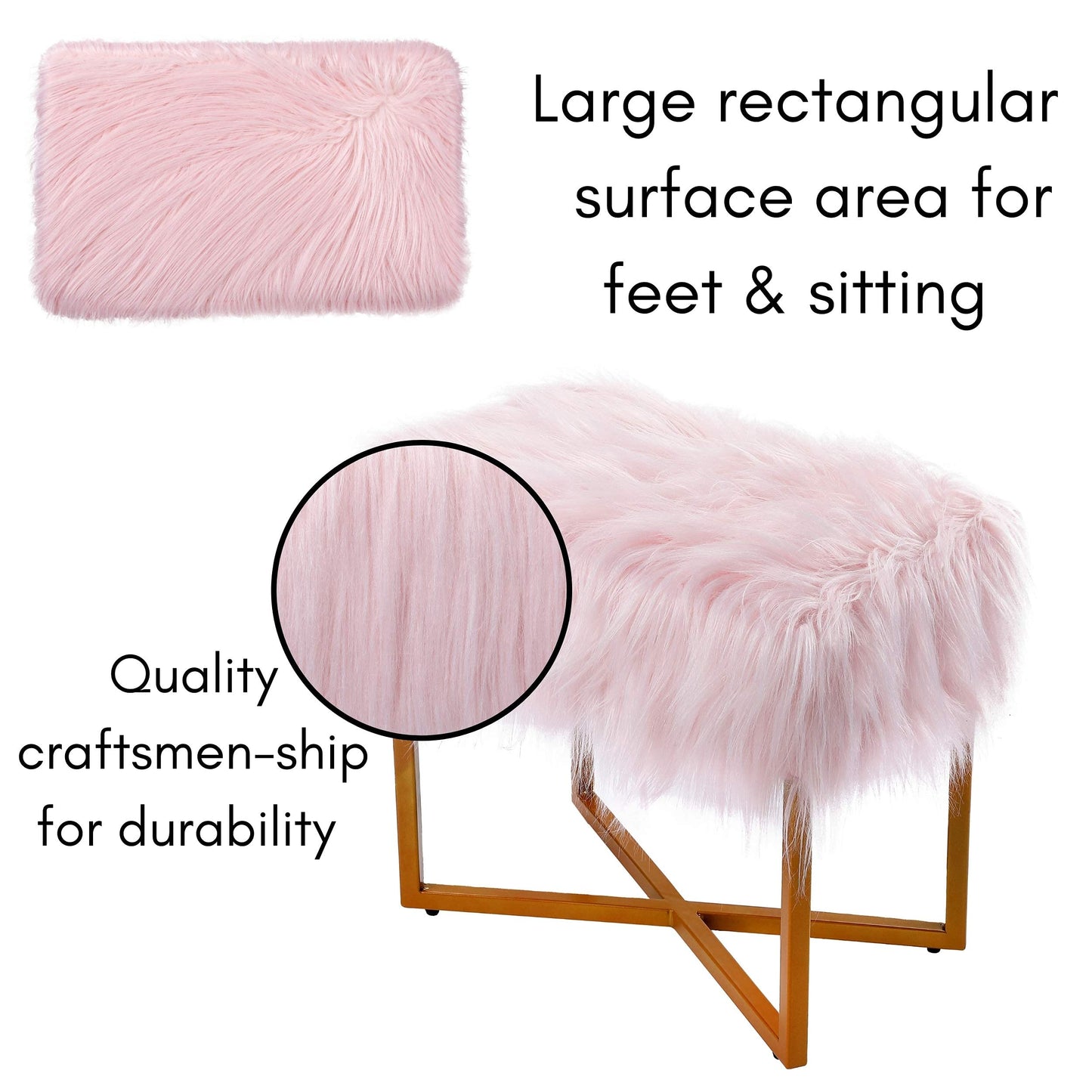 BIRDROCK HOME Rectangular Faux Fur Vanity Foot Stool Ottoman with Metal Legs - Small Soft Padded and Fluffy Makeup Seat or Foot Rest for Bedroom, Desk, or Dressing Table (Pink and Pale Gold)