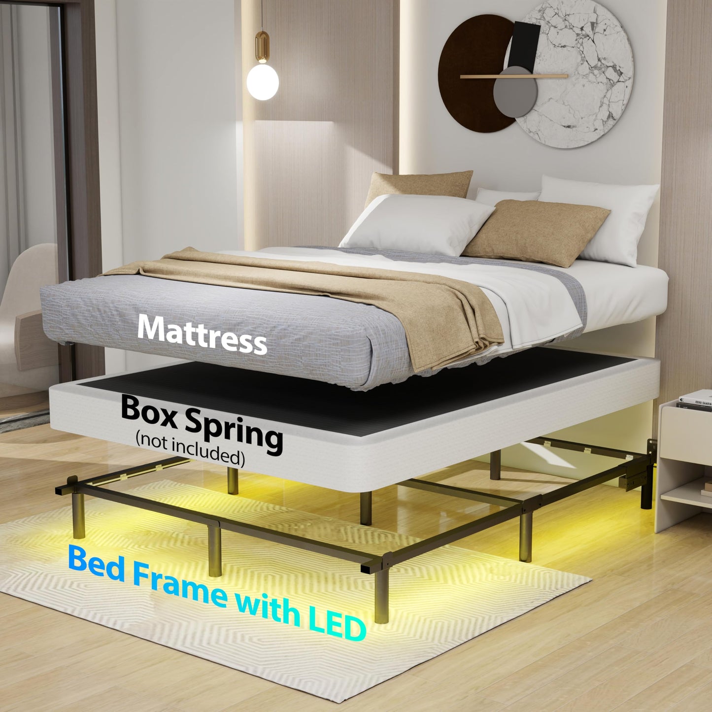 HusDream Full Size Bed Frame with LED Lights 7 Inch Platform Bed Frame Thick Basics Bed Base for Box Spring & Mattress Foundations,Adjustable Length,Noise Free,Tools Free (7 Inch, Full)