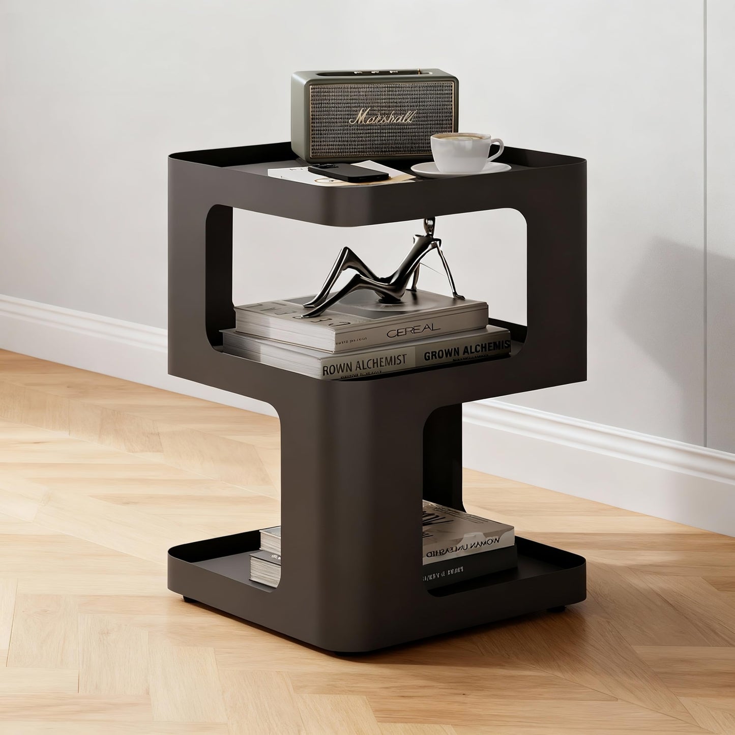 Modern Side Table, 2-Tier Small End Table for Living Room, Bedroom & Office, Matte Black Accent Table, No Assembly Needed, Durable Nightstand or Coffee Table