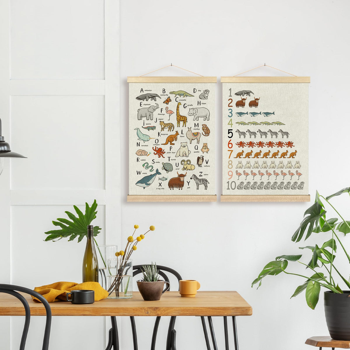 BCUANGD Alphabet Educational Wall Decor - Neutral Ocean Coastal Animals Poster Hanger with Wood Frames Set of 2, Kids ABC Numbers Wall Hanging Canvas Decor for Home Playroom Kids Room, 12x16 Inches