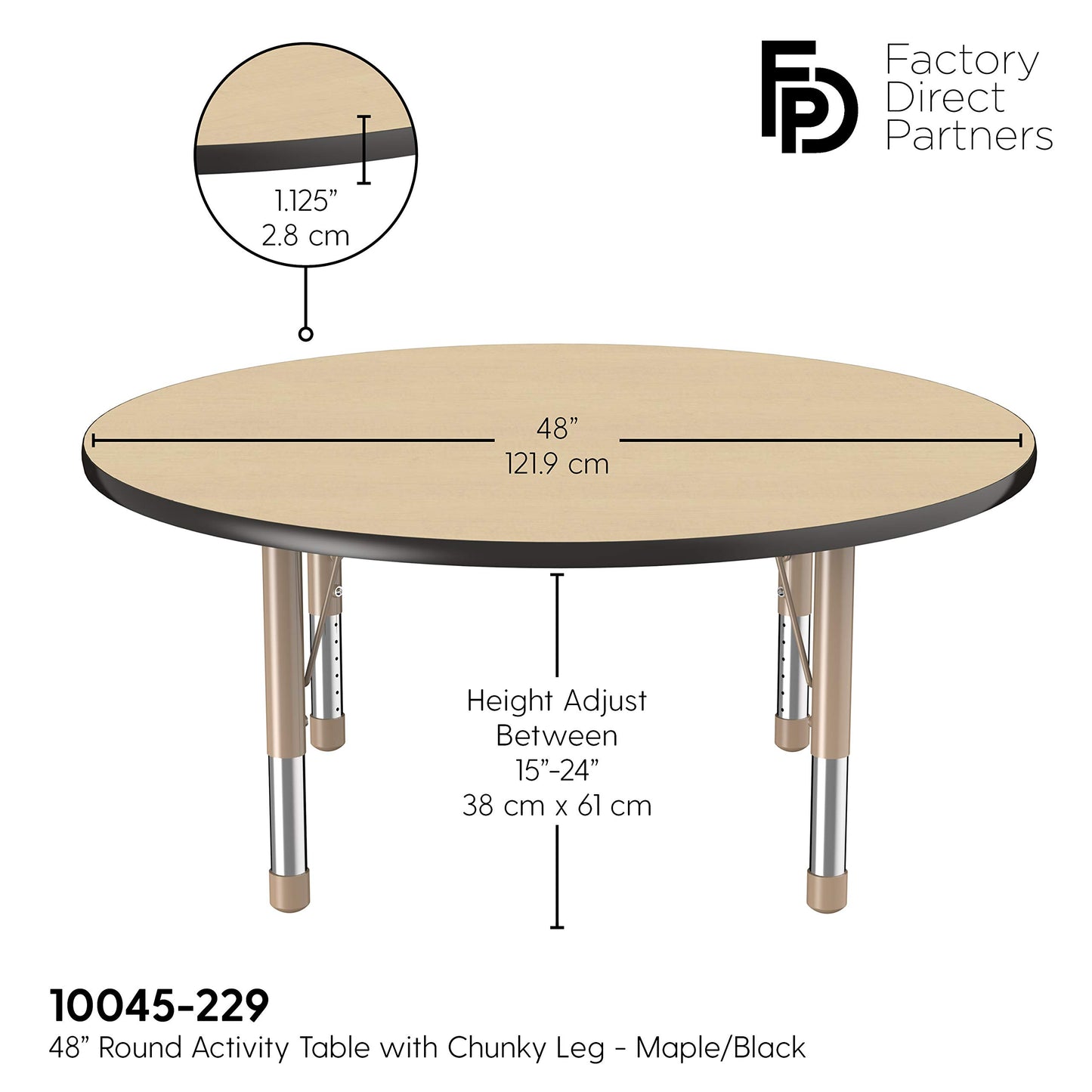 FDP Round Activity School and Classroom Kids Table (48 inch), Chunky Toddler Legs, Adjustable Height 15-24 inches - Maple Top and Black Edge with Sand Legs
