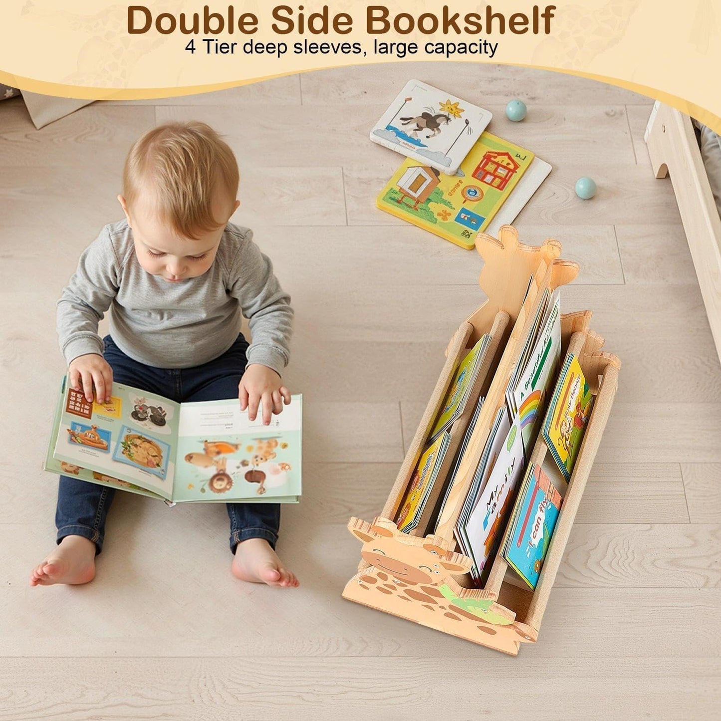 SheSeek Toddler Bookshelf Double-Sided with 4 Tier Deep Sleeves Kids Wooden Montessori Book Rack for Baby Nursery Room, Playroom, Classroom or Bedroom Bookcase Storage Organizer, Light Wood Giraffe