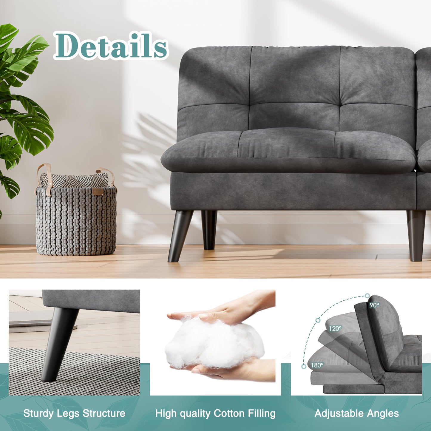 Shintenchi Futon Sofa Bed, Foldable Small Velvet Couch Bed with Adjustable Recliner, Space Saving 2 in 1 Sofa for Living Room, Apartment, or Guest Room, Dark Gray