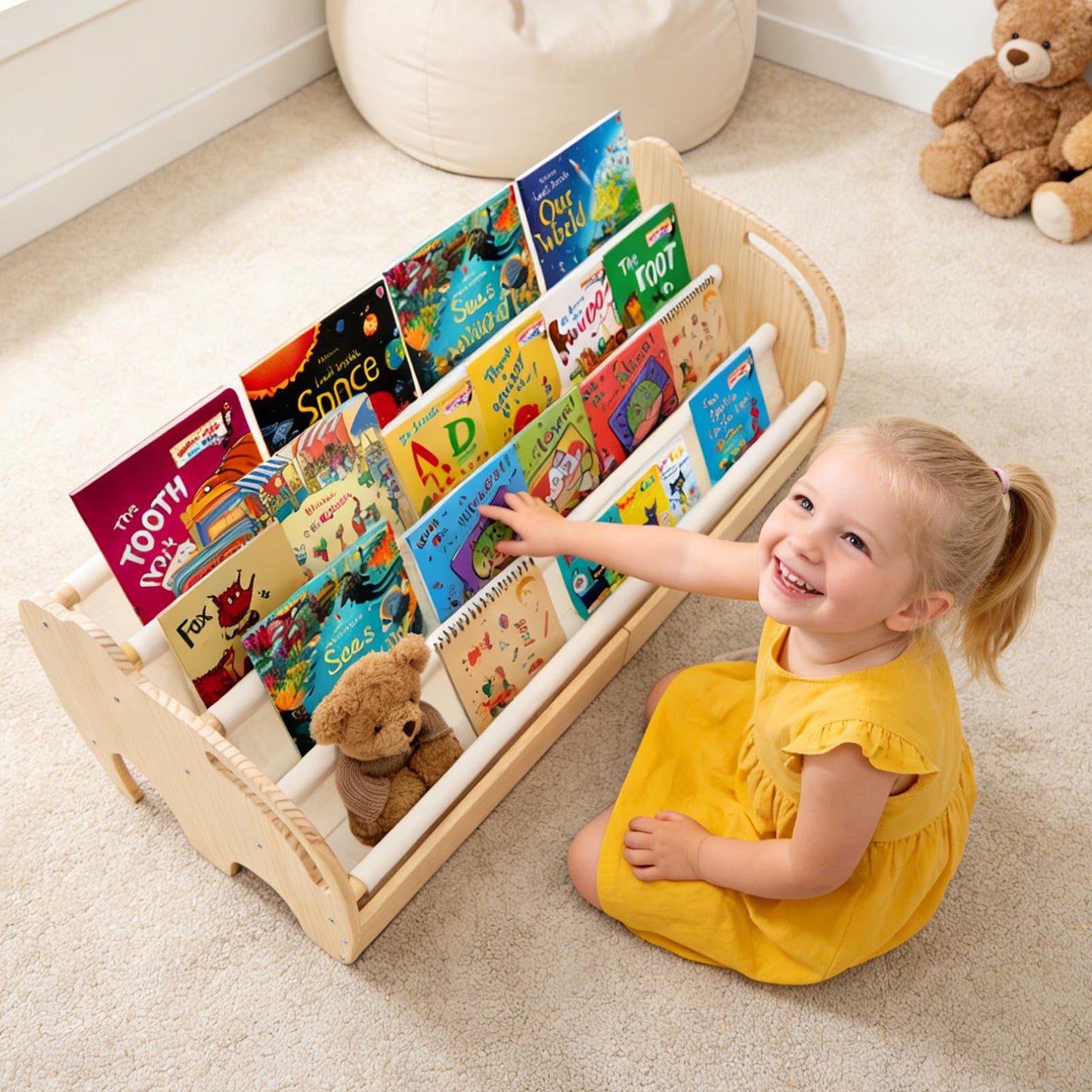 Ancaixin 4-Tier Toddler Bookshelf, Baby Bookshelf, Kids Bookshelf for Kids Room, Nursery Book Shelves with Forward Display, Montessori Bookshelf for Baby Room, Kids Classroom Book Storage Organizer