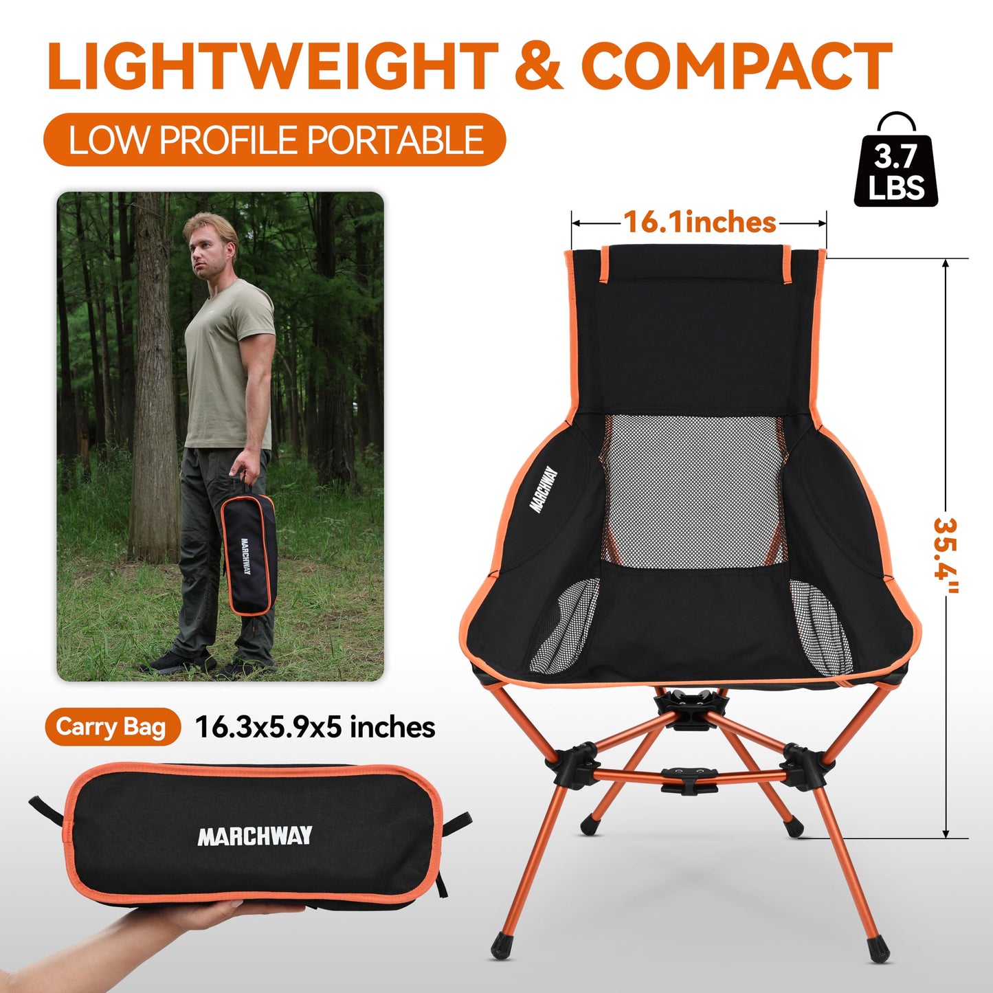 MARCHWAY Lightweight Folding High Back Camping Chair with Head Support, Stable Portable Compact for Outdoor Camp, Travel, Beach, Picnic, Festival, Hiking, Backpacking (Highback Orange)