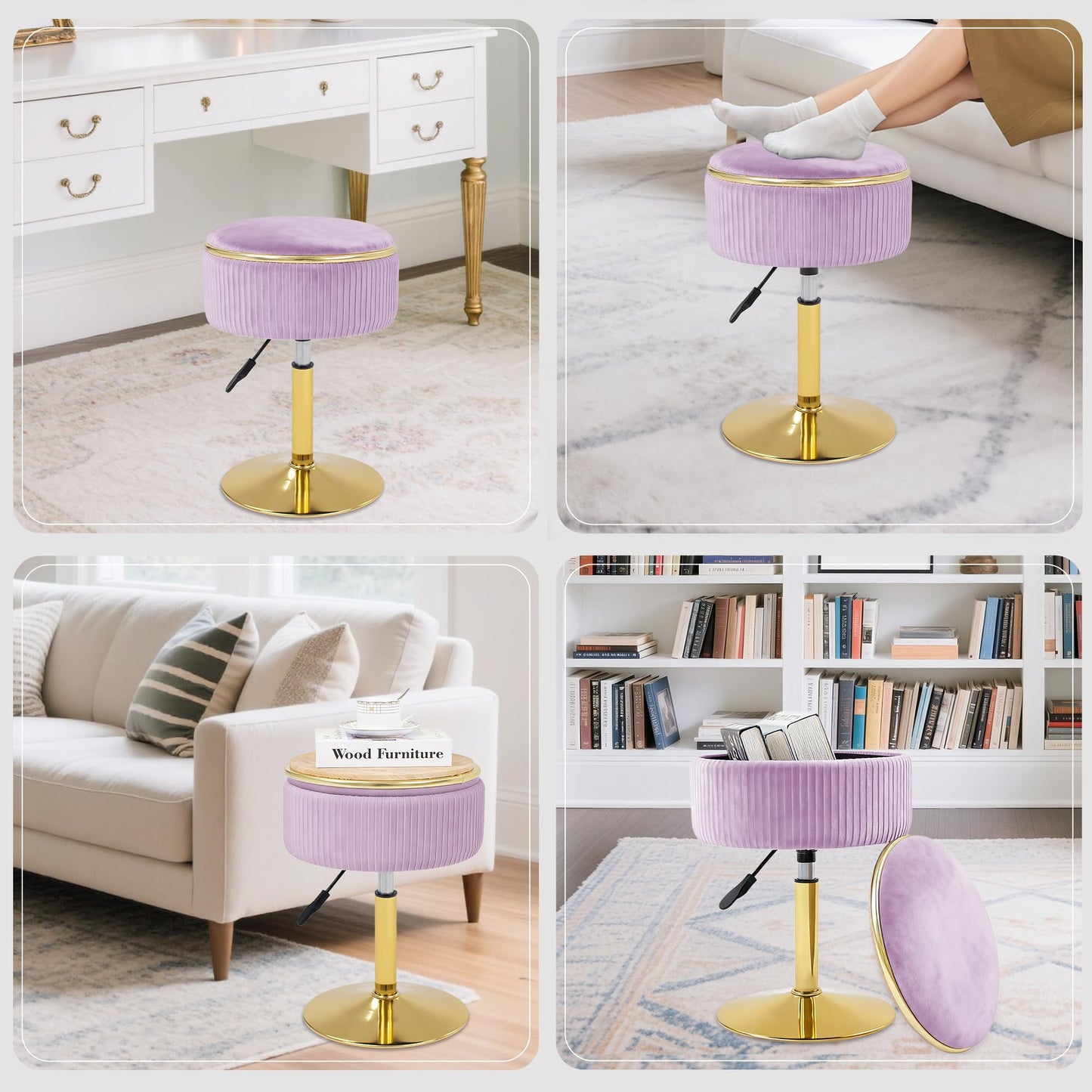 MRITWAII Adjustable Vanity Stool with Storage, 360° Swivel Makeup Stool Chair Small Velvet Round Ottoman with Gold Base for Bedroom (Purple)