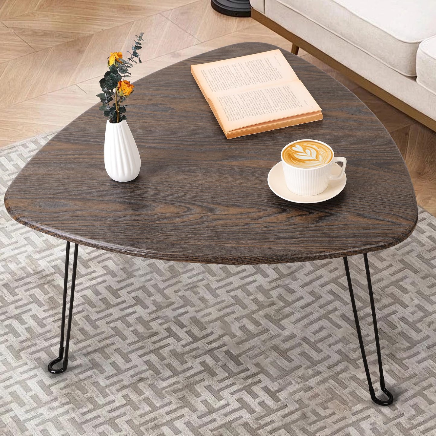 FEUFOAM Folding Coffee Tables for Small Spaces Foldable Industrial Sofa Center Table Triangle Design Wood Framed Coffee Table Mid Century Rustic Brown Floor Desk for Living Room Balcony