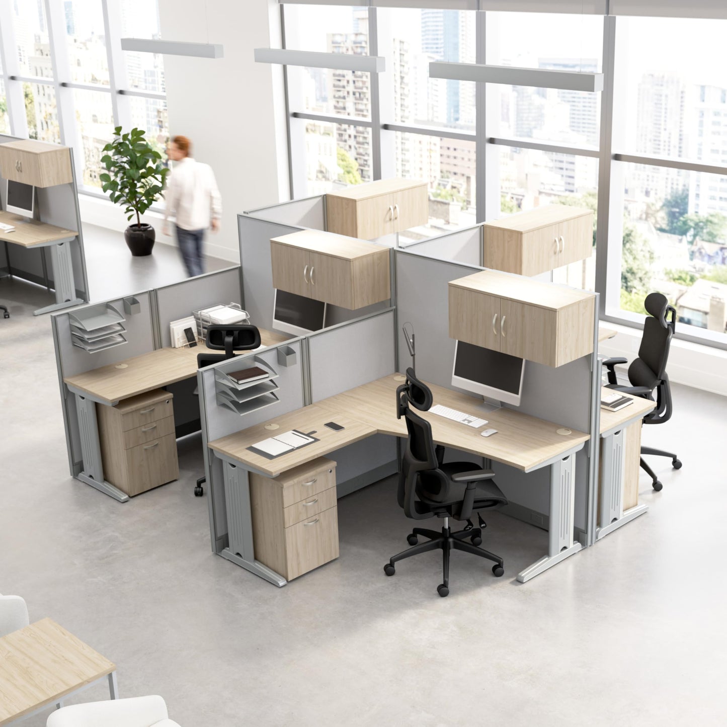 Bush Business Furniture Office in an Hour 3 Person L Shaped Cubicle Desks with Storage, Drawers, and Organizers in Mocha Cherry | Triple Workstation Set with Privacy Panels for Commercial Workspace