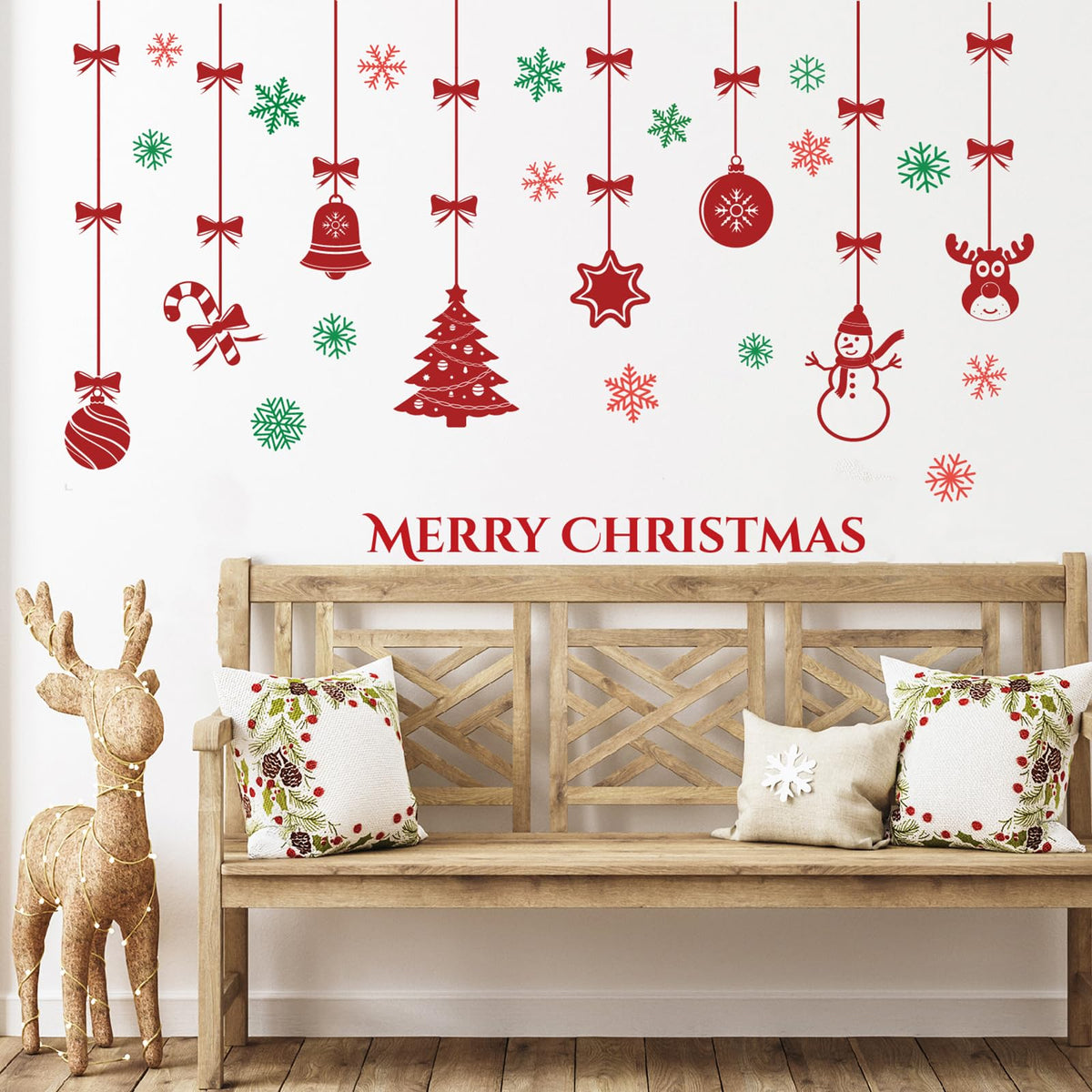 Merry Christmas Wall Decals for Bedroom-Hanging Xmas Tree Snowflake Wall Stickers for Living Room Window Door Decor-Removable Art Mural for Kids Baby Gift Nursery Decor Supplies (Red)