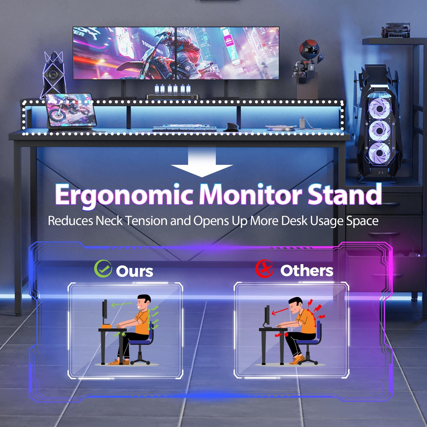 Mericonia 52 inch Gaming Desk with LED Lights & Power Outlets, Reversible Computer Desk with Storage Drawers & Monitor Stand, Large Gaming Table for Home Office
