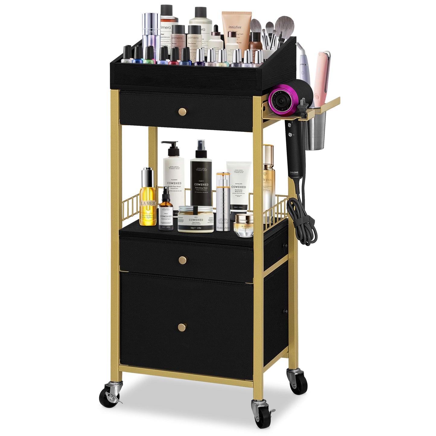 NauwaBarn Makeup Organizer Cart with 3 Drawers, Rolling Vanity Organizer with Detachable Hair Tool Holder & Wheels, Floor Makeup Storage Cart for Skincare, Perfume, Nail Polish, Gold & Black