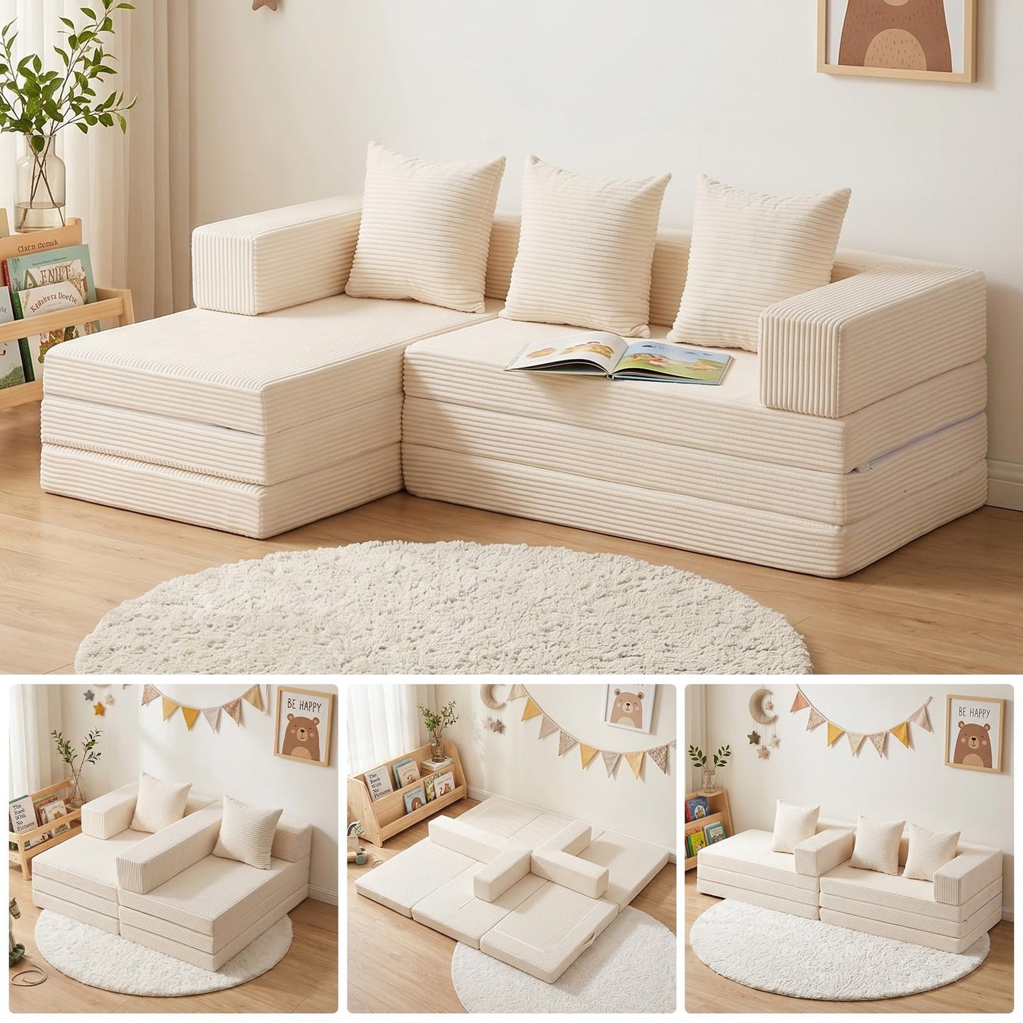65" L Shaped Couch for Small Spaces, No Assembly Cloud Sectional Sofa with Deep Seat, Left Facing Chaise, 4-in-1 Modular 3 Seater Corduroy Couch for Apartment, Beige