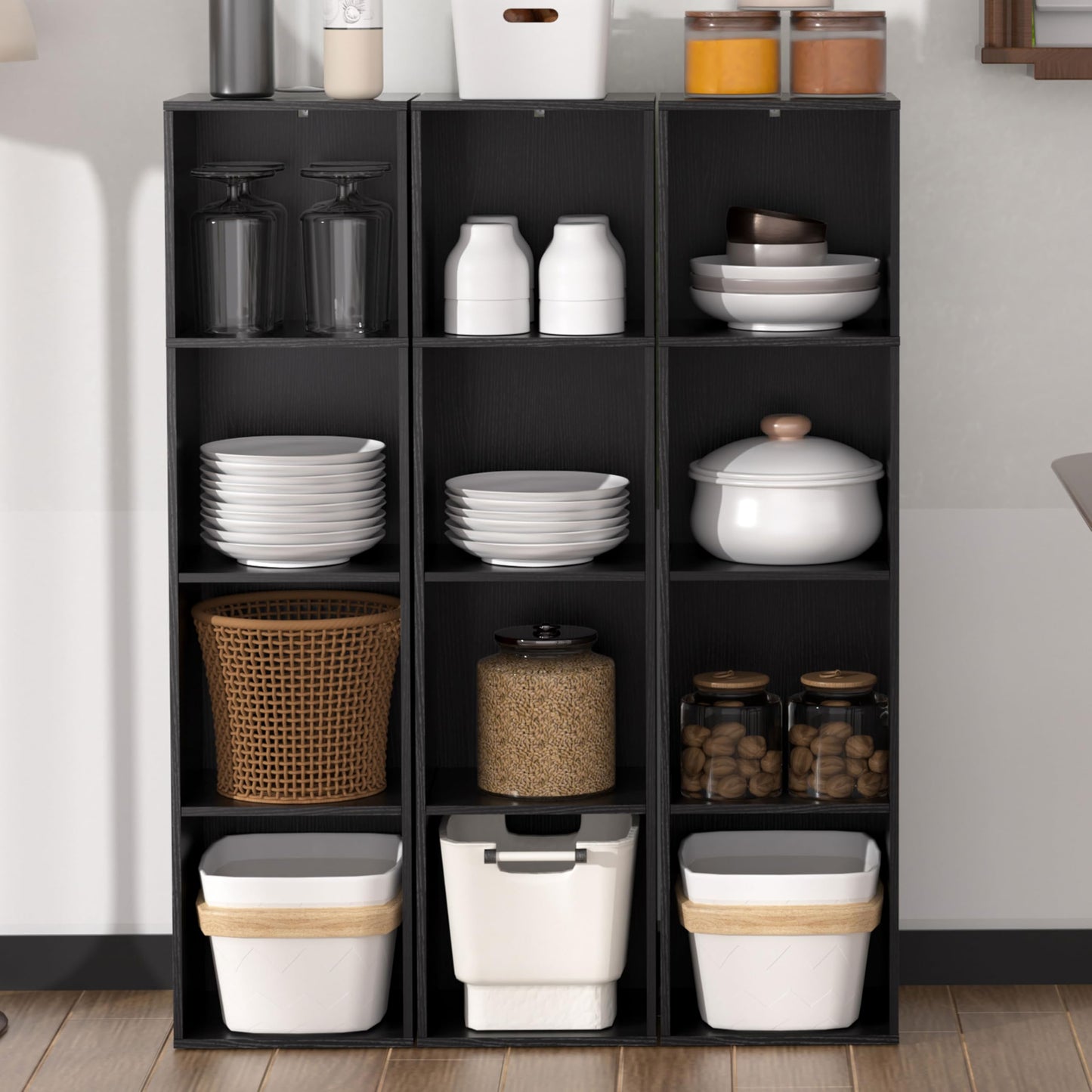NewBeth 4 Cube Storage Organizer, 4 Tier Cube Low Bookcase Freestanding Storage Display Organizer, Four-Cubes Open Shelf Bookshelf for Home Office (Black, 4-Cube)