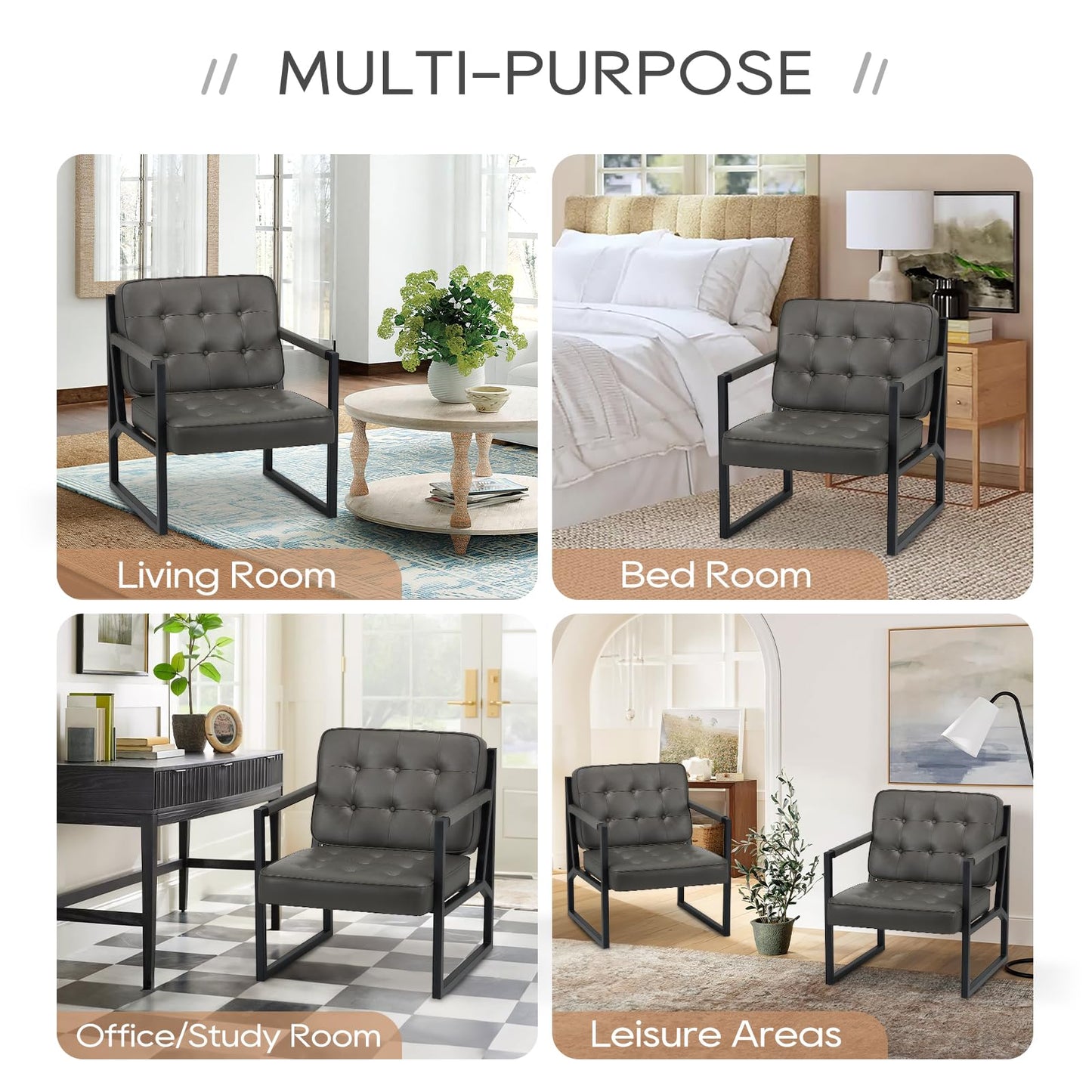 COLAMY Accent Chairs Set of 2, Modern Accent Arm Chairs for Living Room, Comfy Leather Armchairs with Metal Legs for Bedroom Reception Room, Grey