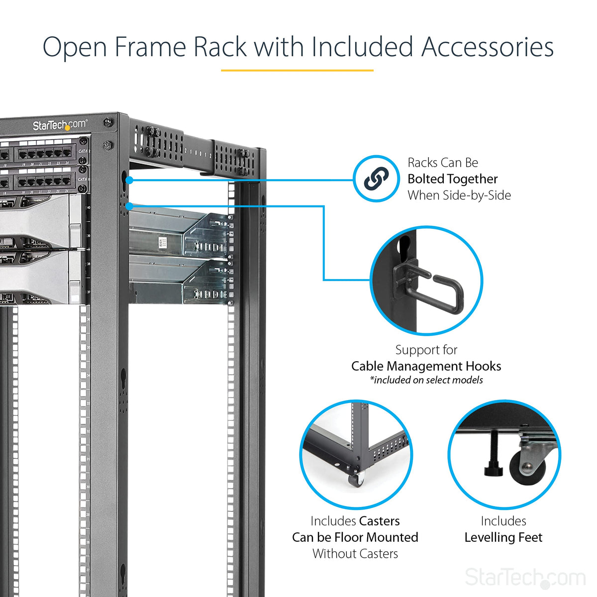 StarTech 42U 4-Post Server Rack, 19in Open Frame Rack with 40in (101cm) Mounting Depth and 1323lb (600kg) Weight Capacity, Mobile or Floor Mount IT Rack