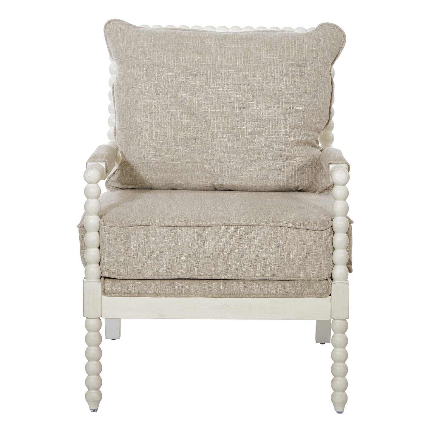 OSP Home Furnishings Kaylee Spindle Accent Chair with Antique White Wood Frame, Beige Linen Fabric