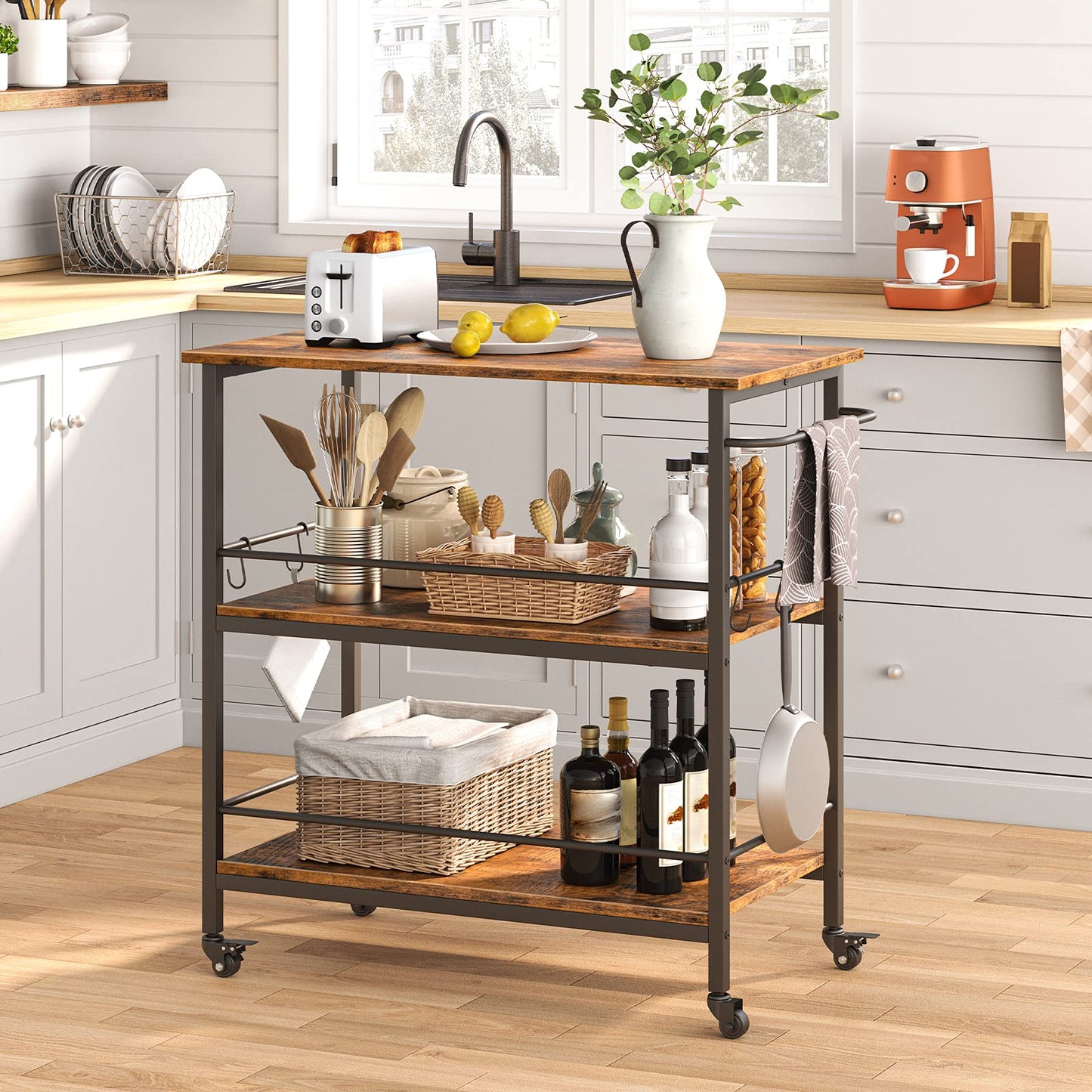 HOOBRO Kitchen Island with Storage, Industrial Kitchen Counter with Hooks and Side Enclosures, 3 Tier Kitchen Cart with Large Workstation, Saving Space, Easy Assembly, Rustic Brown and Black BF03ZD01