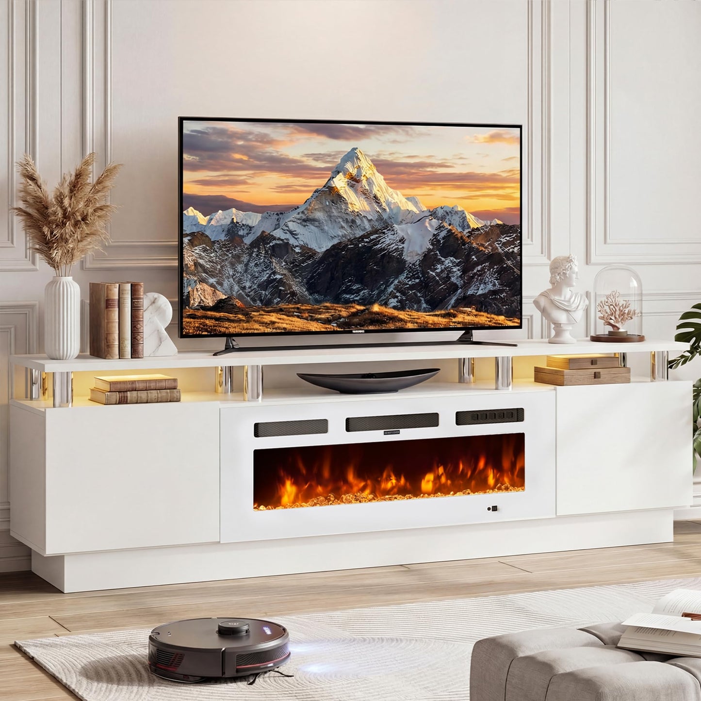 OneBlis 70" Fireplace TV Stand for TVs UP to 80", Electric Fireplace Entertainment Center with LED Lights & Storage Cabinets, TV Console for Living Room, Office, White-White