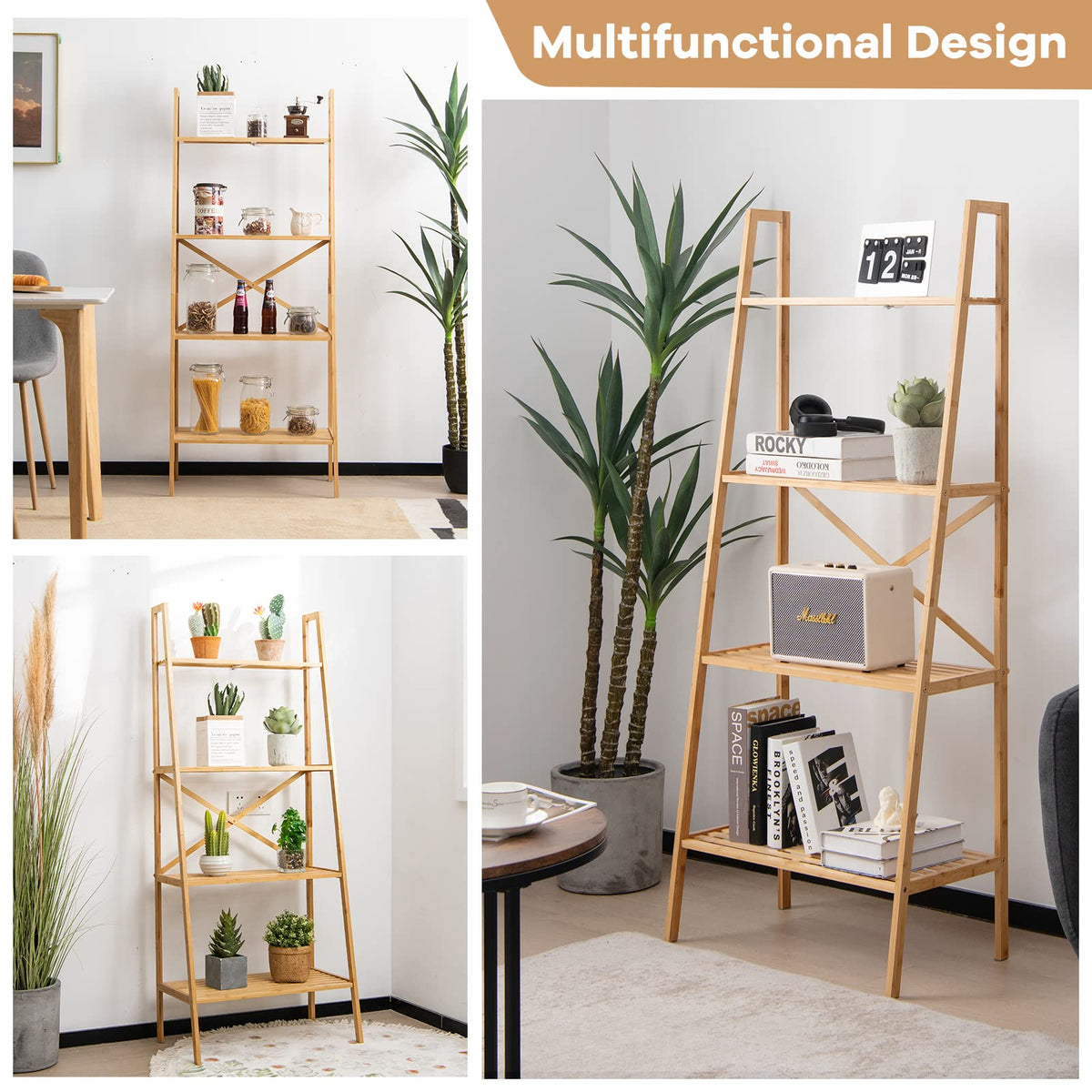 Giantex 4-Tier Bamboo Bookshelf, Multifunctional Storage Display Rack Shelves with Anti-Tipping Device, Natural Bamboo Ladder Shelf for Home Office Kitchen Bathroom