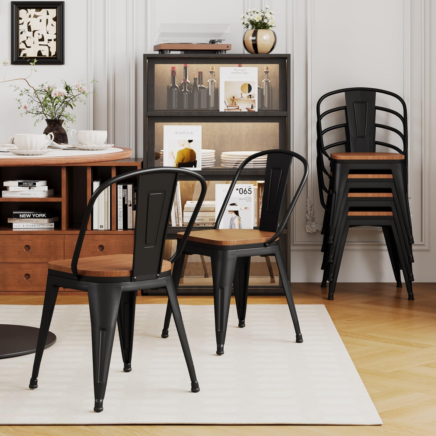 Alunaune 18inch Metal Dining Chair Set of 4 High Back Classic Chic Iron Farmhouse Chairs Industrial Stackable Coffee Stools Bistro Cafe Side Barstools Wood Seat-Black