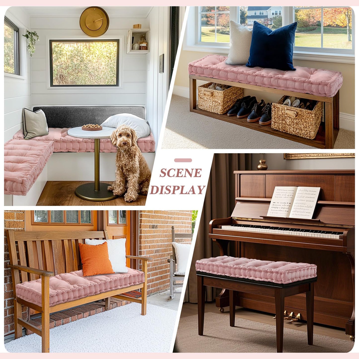Threehoney Bench Cushions for Indoor Furniture 42x16 in Velvet Kitchen Dining Piano Window Seat Cushion, Tufted Patio Porch Swing Thicken Bench Pad Memory Foam(Pink)