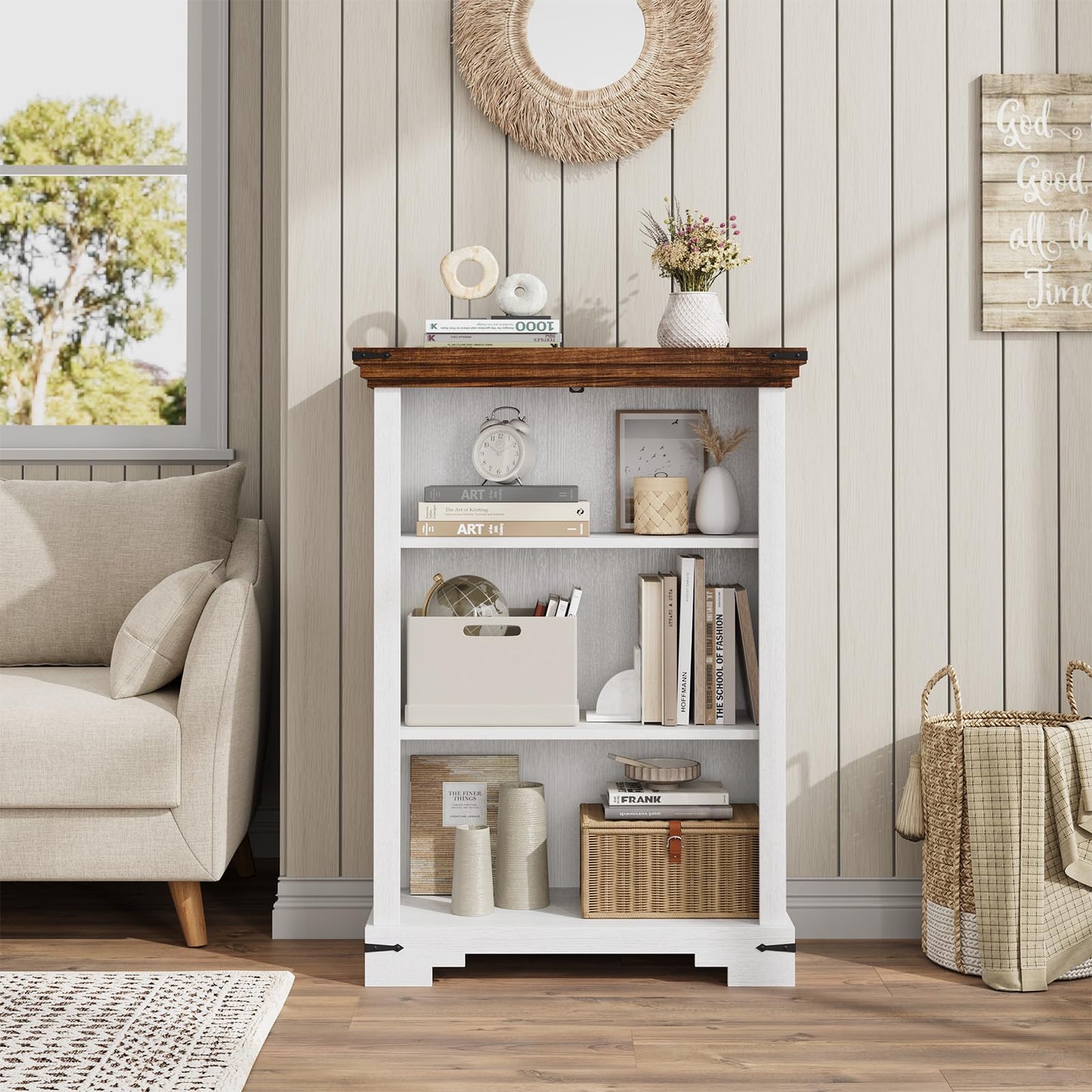 HOTLUU 3-Tier Farmhouse Bookshelf, Book Shelf with Open Storage & One Adjustable Shelf, 9.8" D x 26" W x 38" H, Wooden Bookshelf for Study Room, Living Room, Kitchen, Bedroom (White)