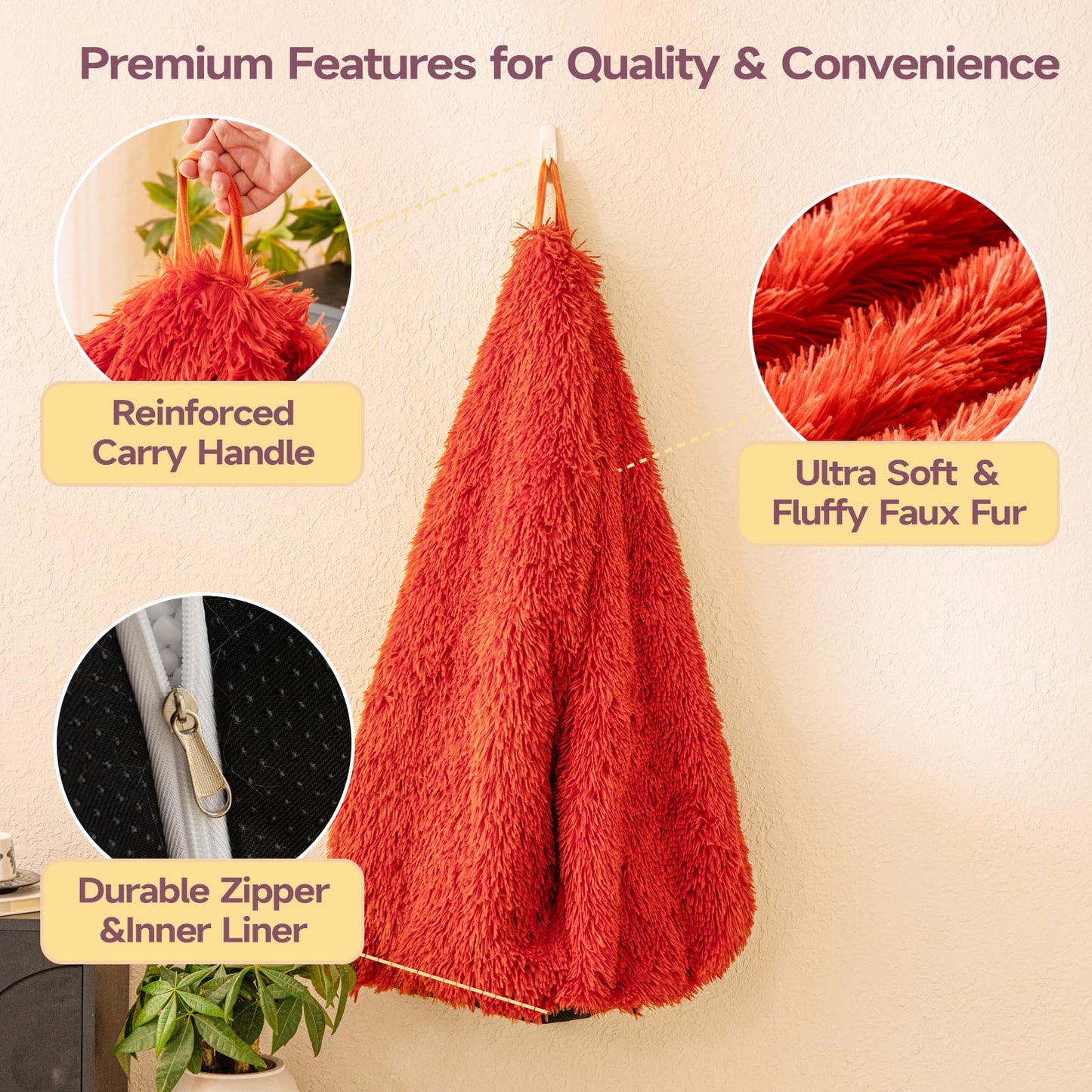 Burnt Orange plush bean bag chair covers (No Filler), comfy Faux Fur Burnt Orange bean bag chair Cover for bedroom, stuffed animal Storage, kids adults teens girls bean bag chairs, Anti-Slip