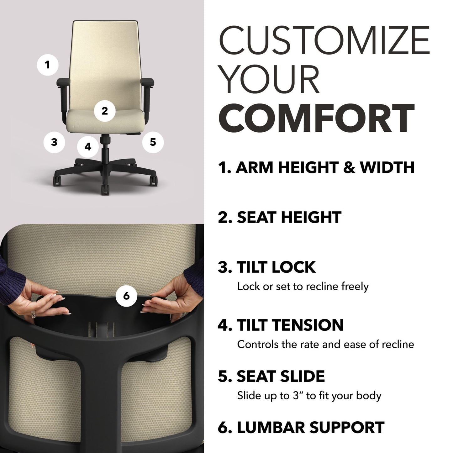 HON Ignition 2.0 Mid Back Task Chair, Spectrum Mesh, Standard Synchro-Tilt Control, Office Chair with Lumbar Support, Height and Width Adjustable Arms, Black Frame, Linen